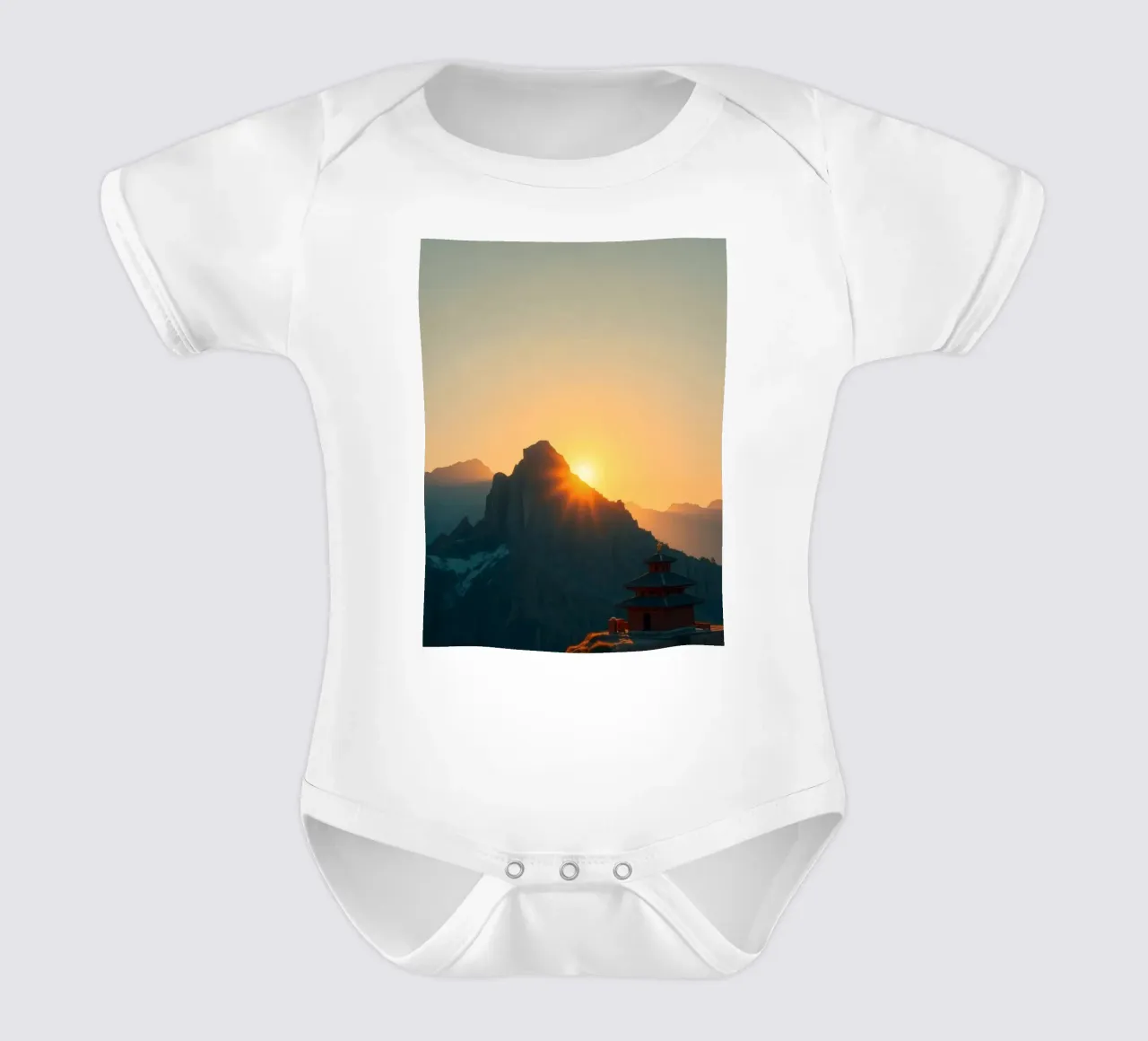 Sunset view over mountains with traditional structure short-sleeve baby romper by DesignDoodle