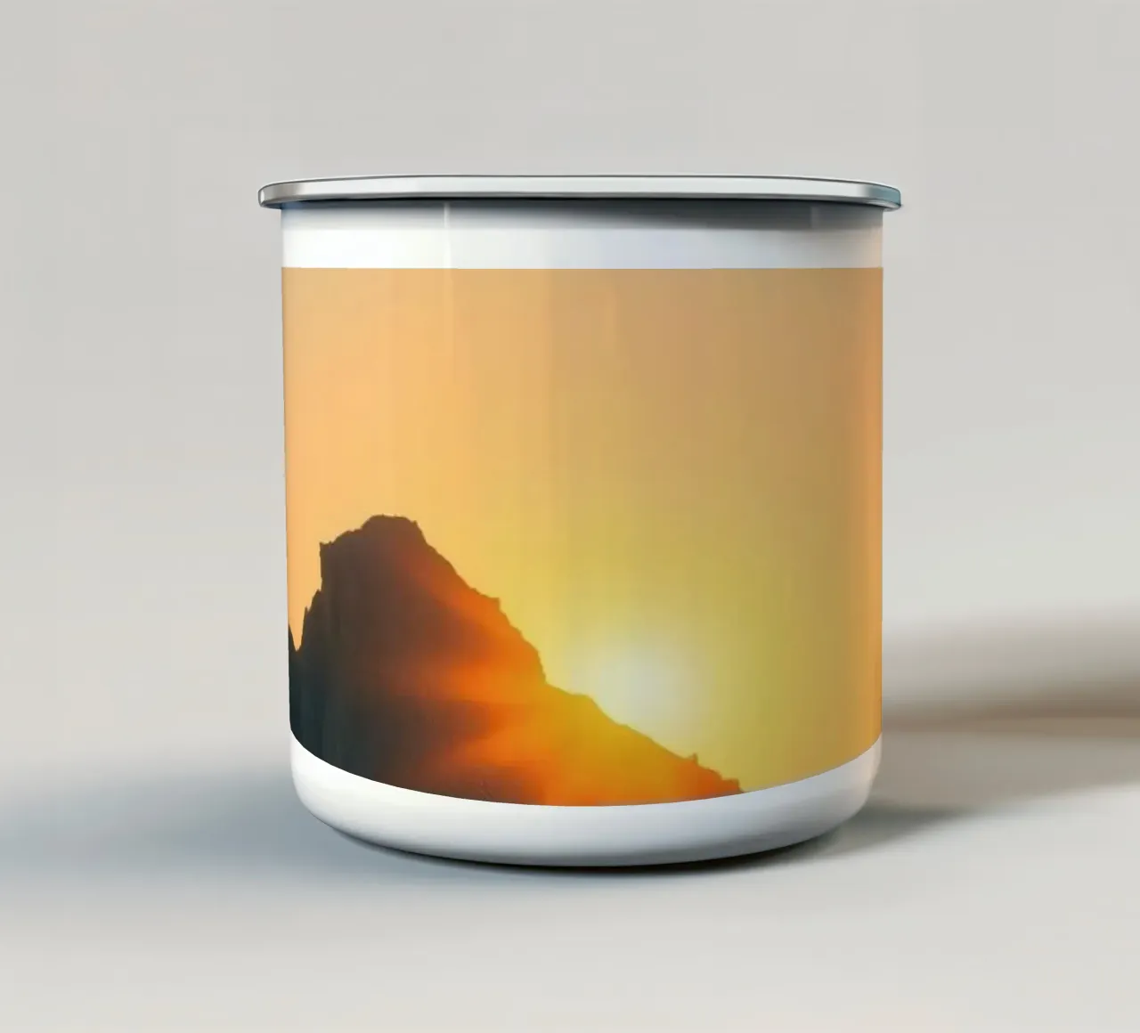 Sunset view over mountains with traditional structure enamel mug by DesignDoodle
