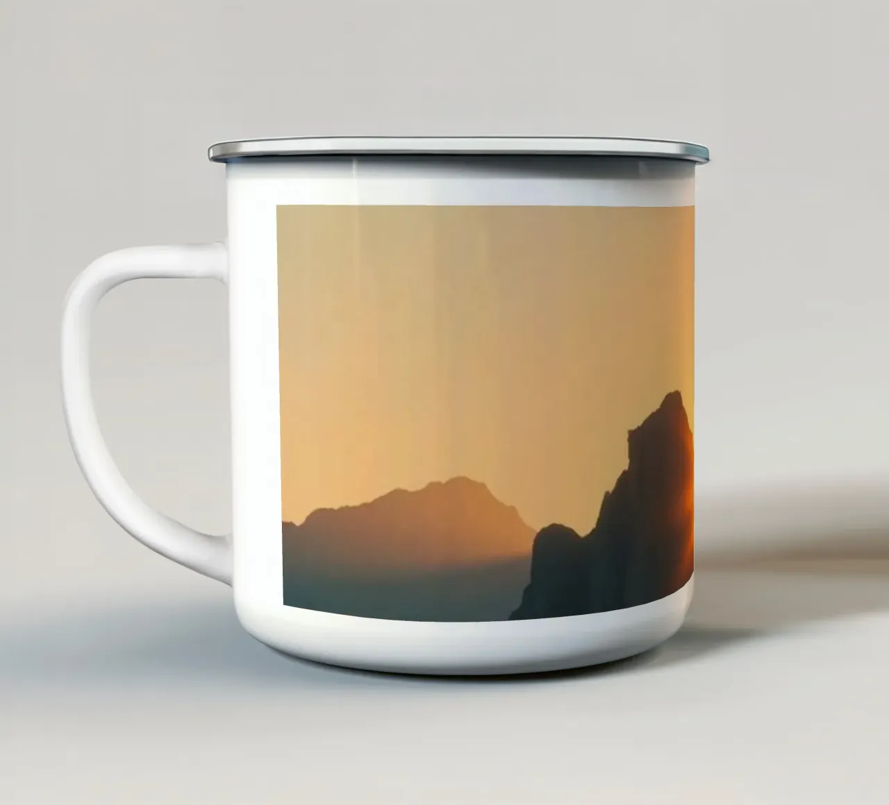 Sunset view over mountains with traditional structure enamel mug by DesignDoodle