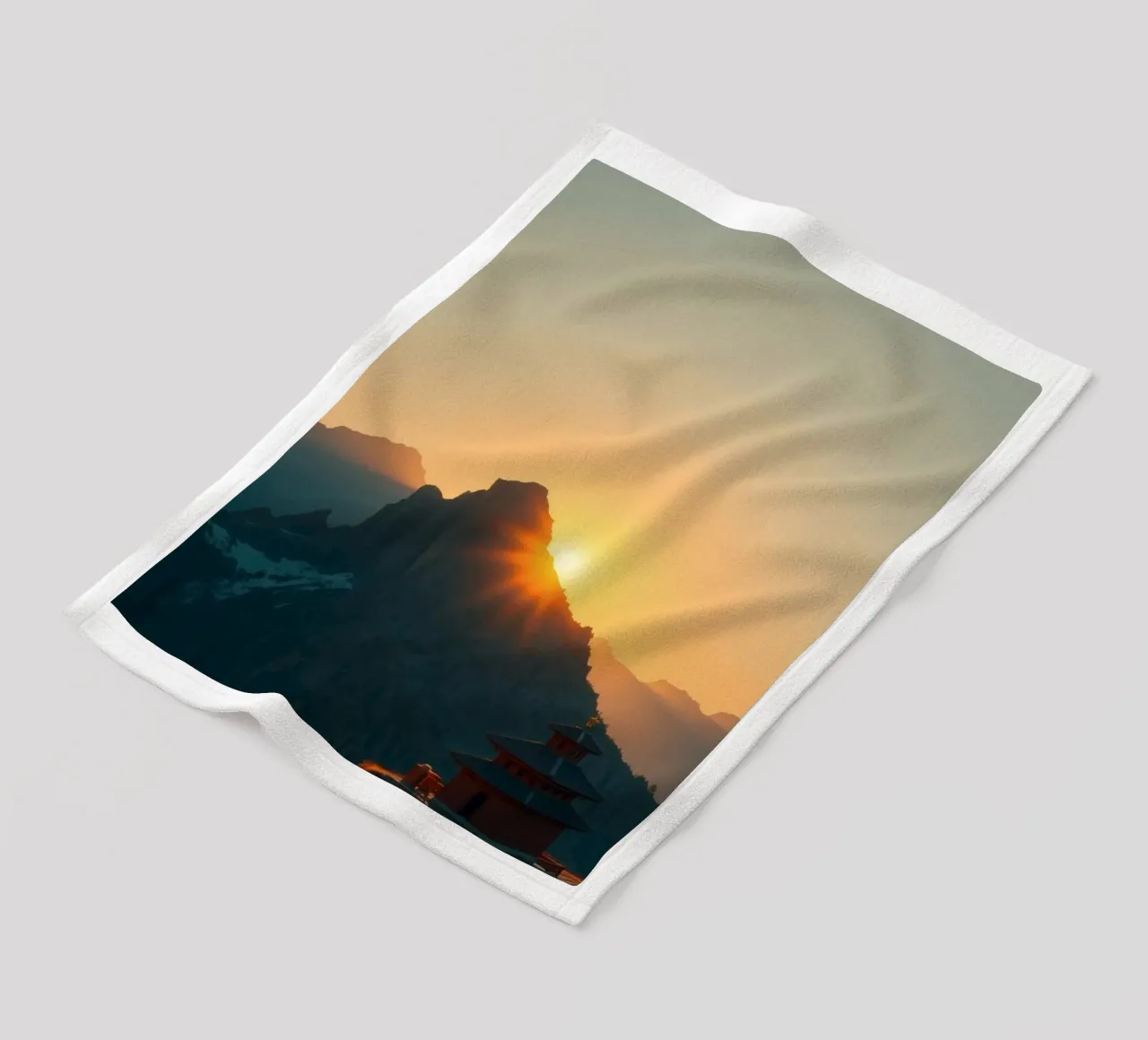 Sunset view over mountains with traditional structure fleece blanket by DesignDoodle