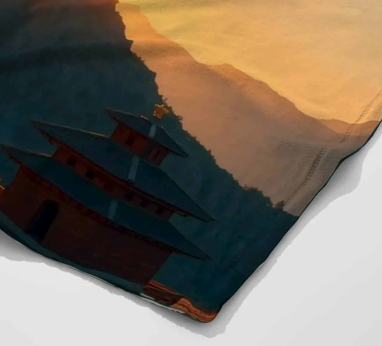 Sunset view over mountains with traditional structure fleece blanket by DesignDoodle