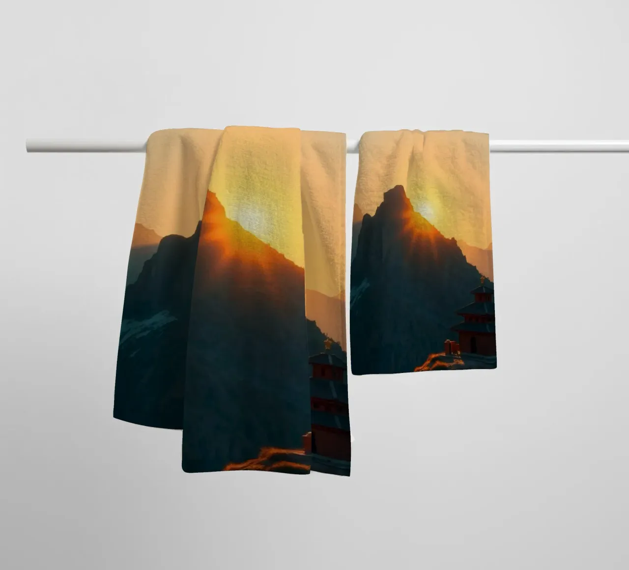 Sunset view over mountains with traditional structure towel by DesignDoodle