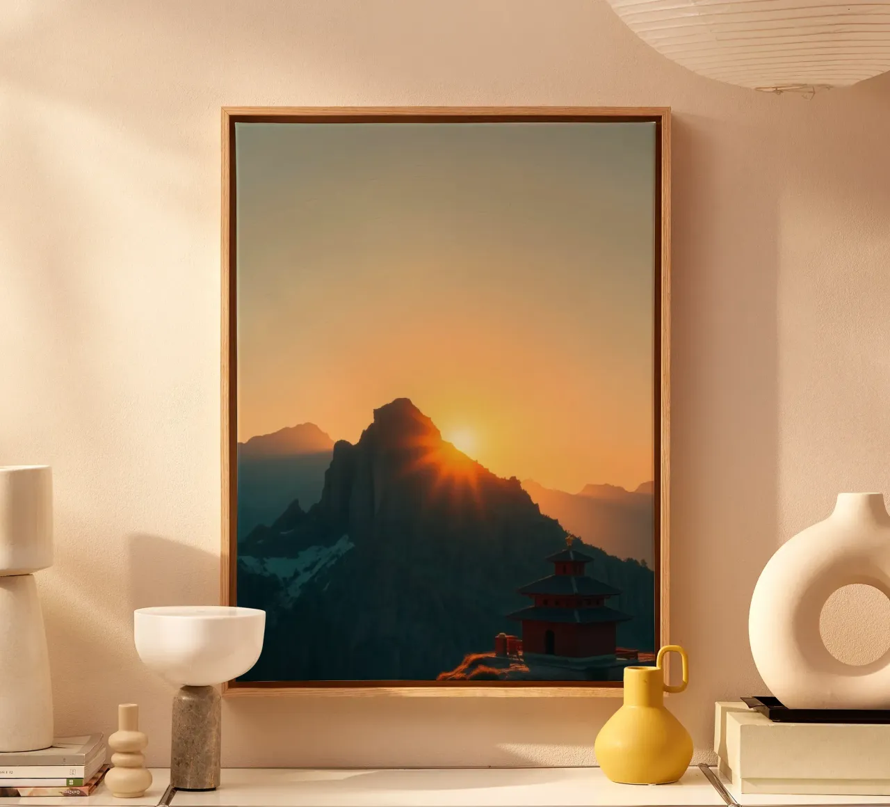Sunset view over mountains with traditional structure canvas by DesignDoodle