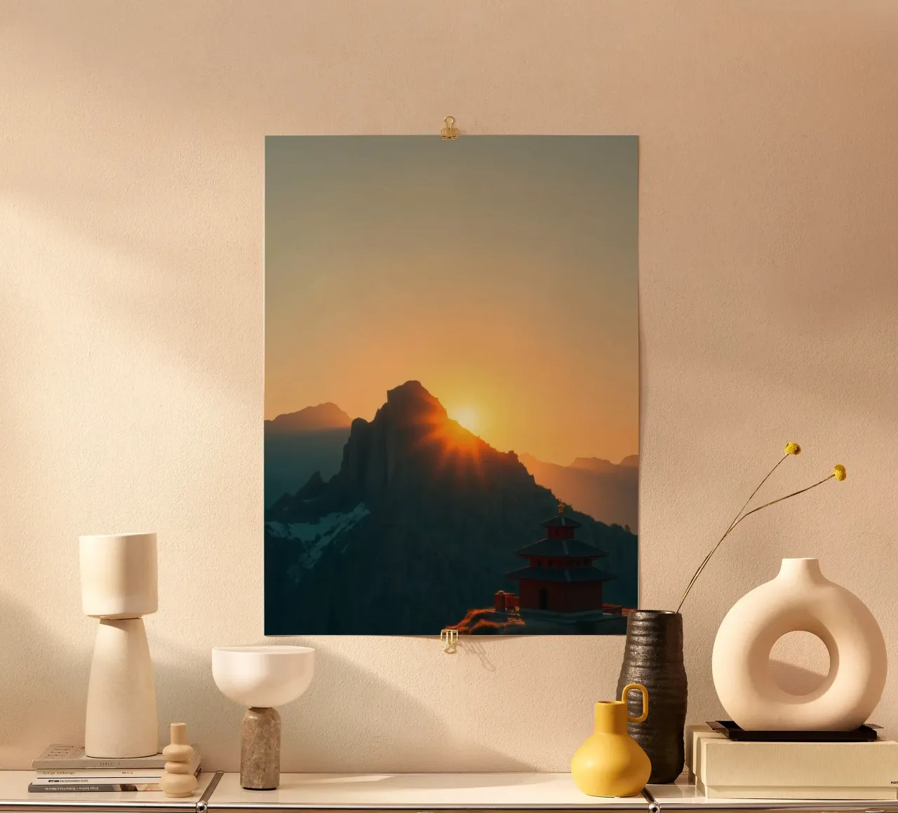 Sunset view over mountains with traditional structure hahnemühle by DesignDoodle