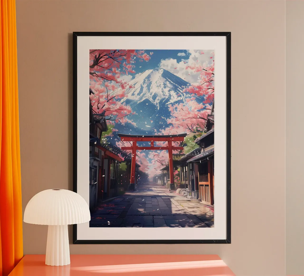 Porta Torii Monte Fuji poster con telaio in legno da Ginnery
