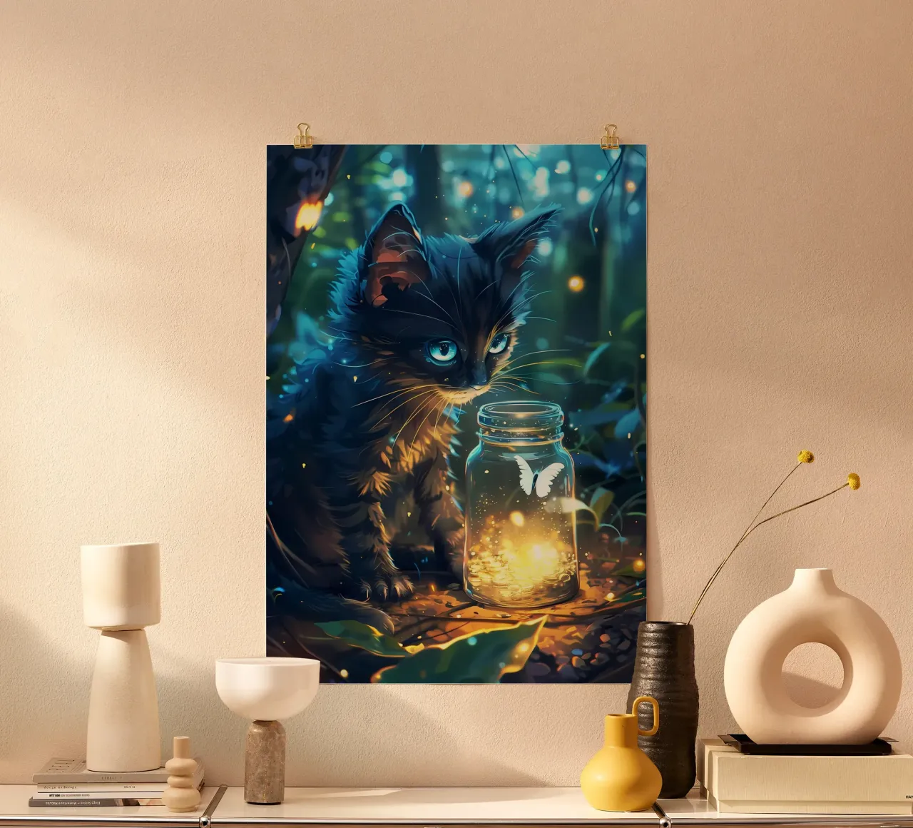 Schattige kat met vlinder poster van Ginnery