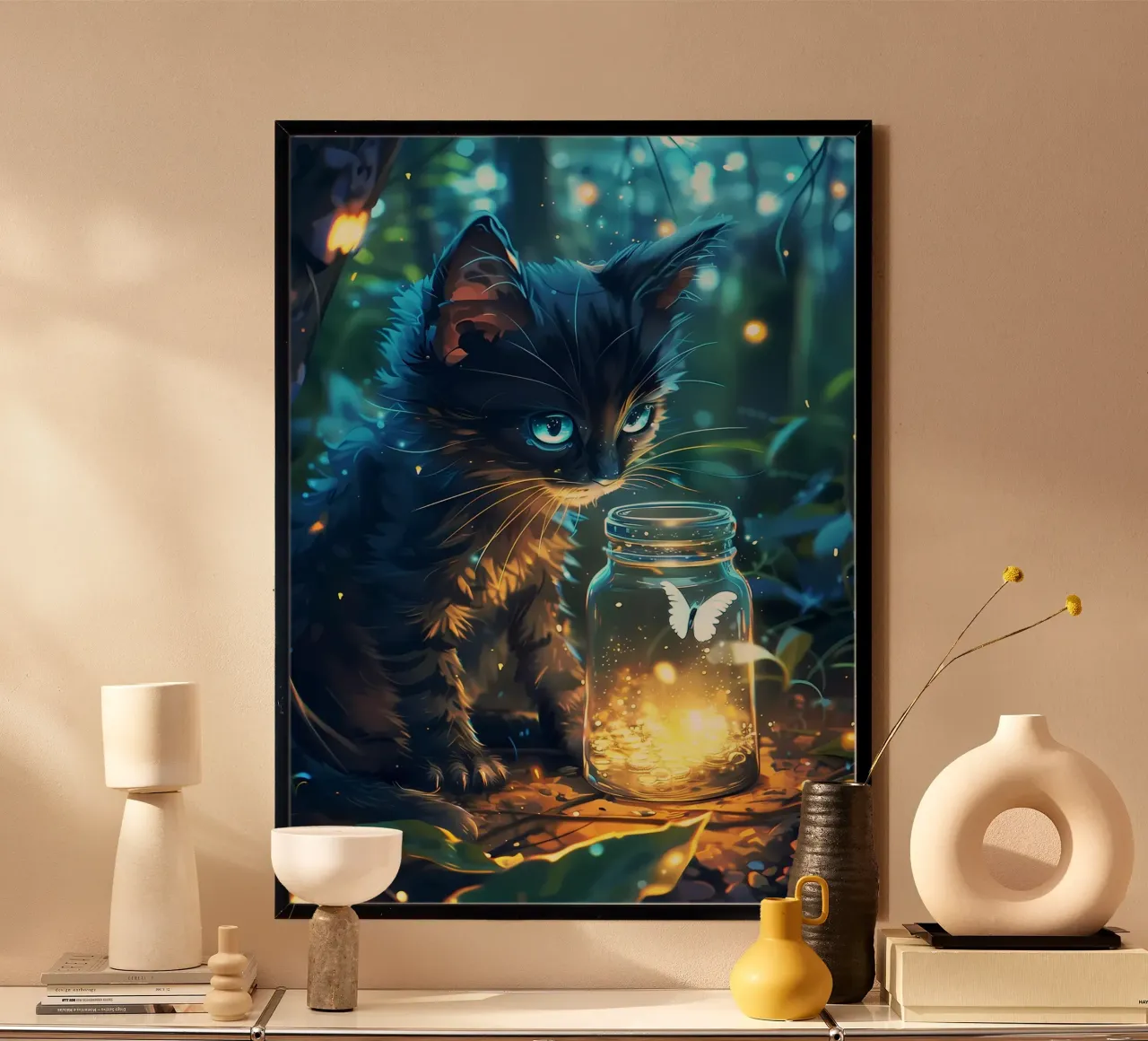 Schattige kat met vlinder poster van Ginnery