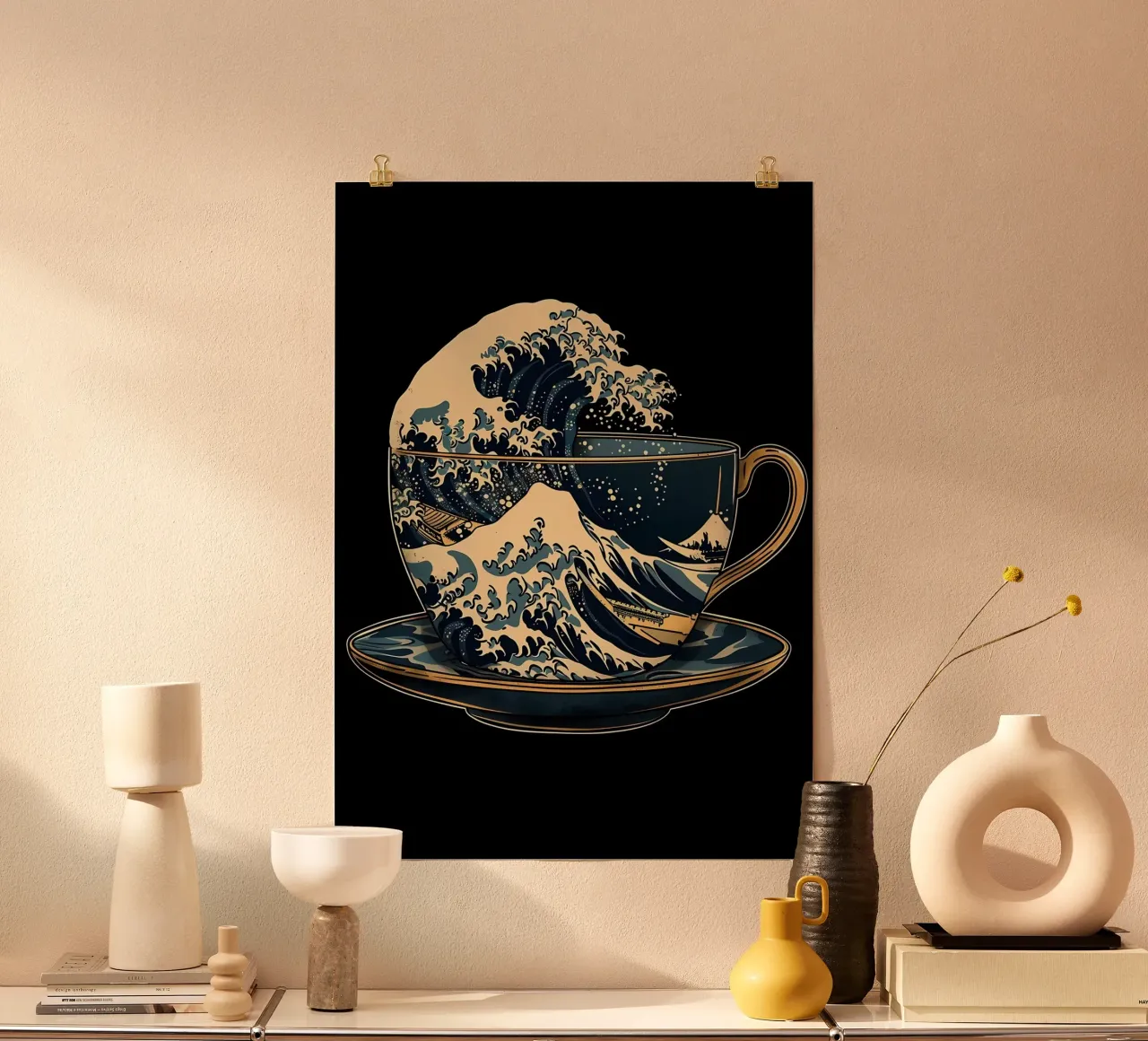 La grande onda del caffè poster con telaio in alluminio da Ginnery