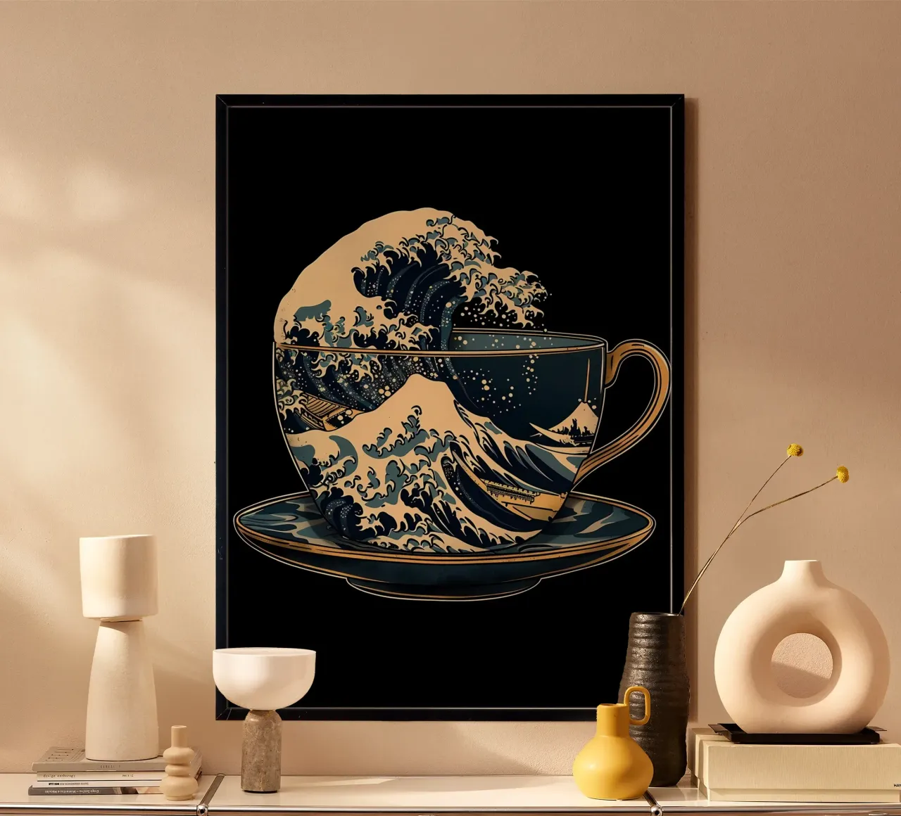 La grande onda del caffè poster con telaio in alluminio da Ginnery