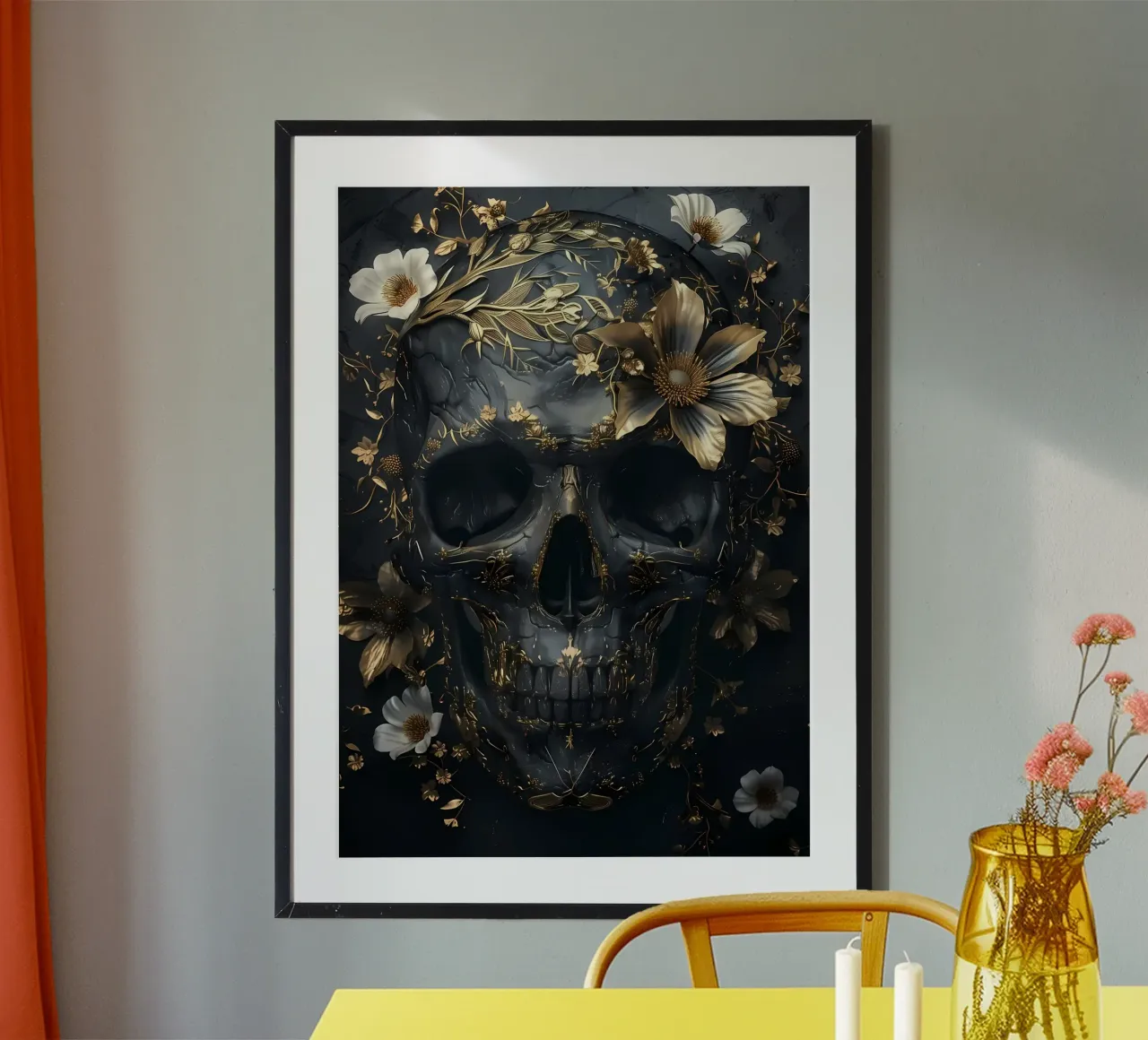 Cráneo negro dorado Flores poster con marco de madera de Ginnery