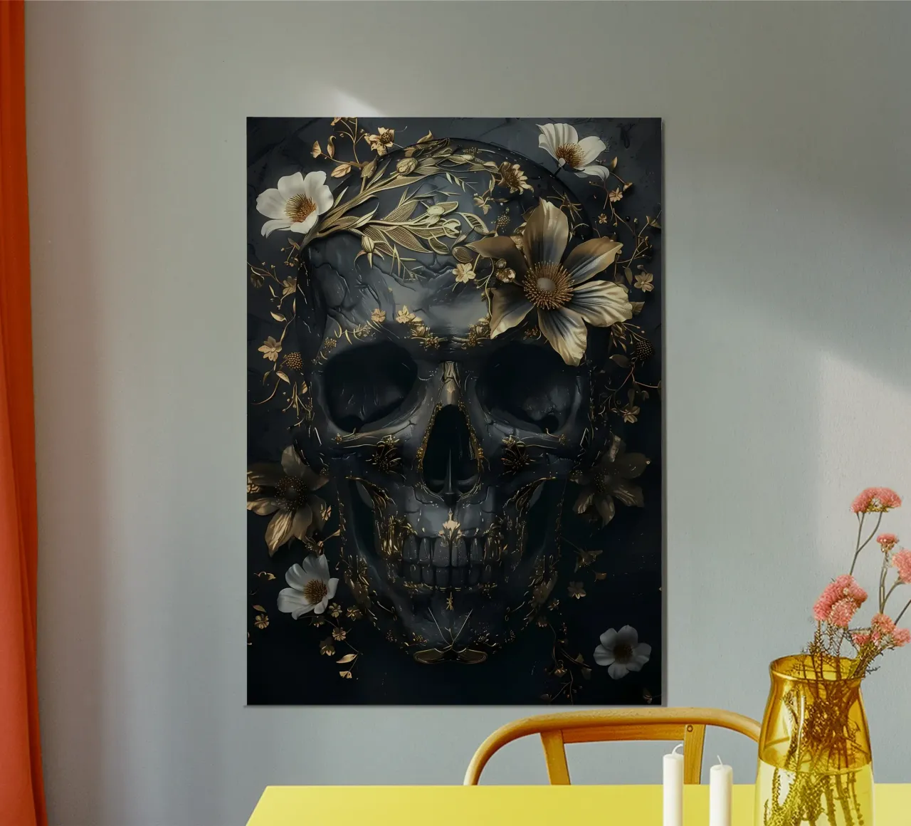 Cráneo negro dorado Flores poster con marco de madera de Ginnery