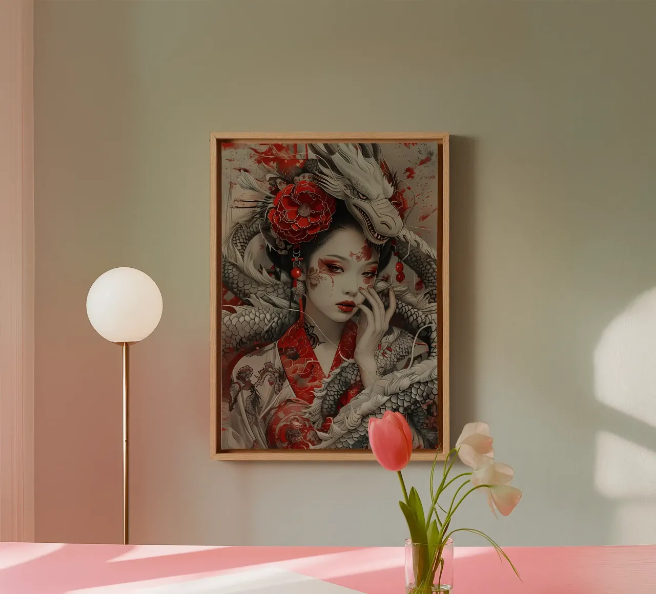Geisha Samurai giapponese tela con Cornice a cassetta da Ginnery