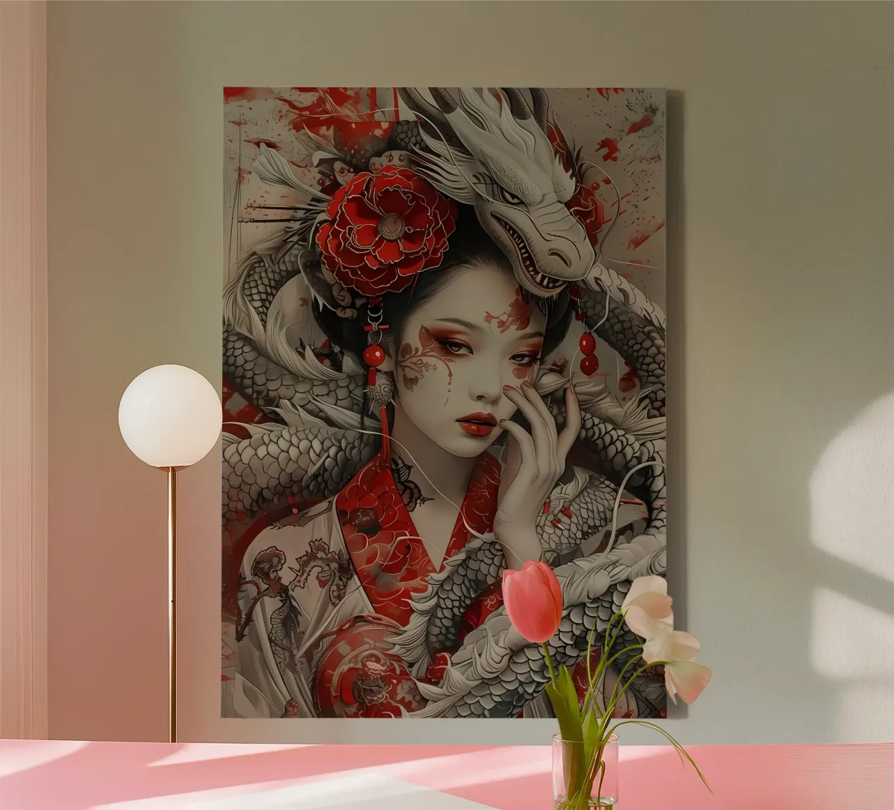 Geisha Samurai giapponese tela con Cornice a cassetta da Ginnery