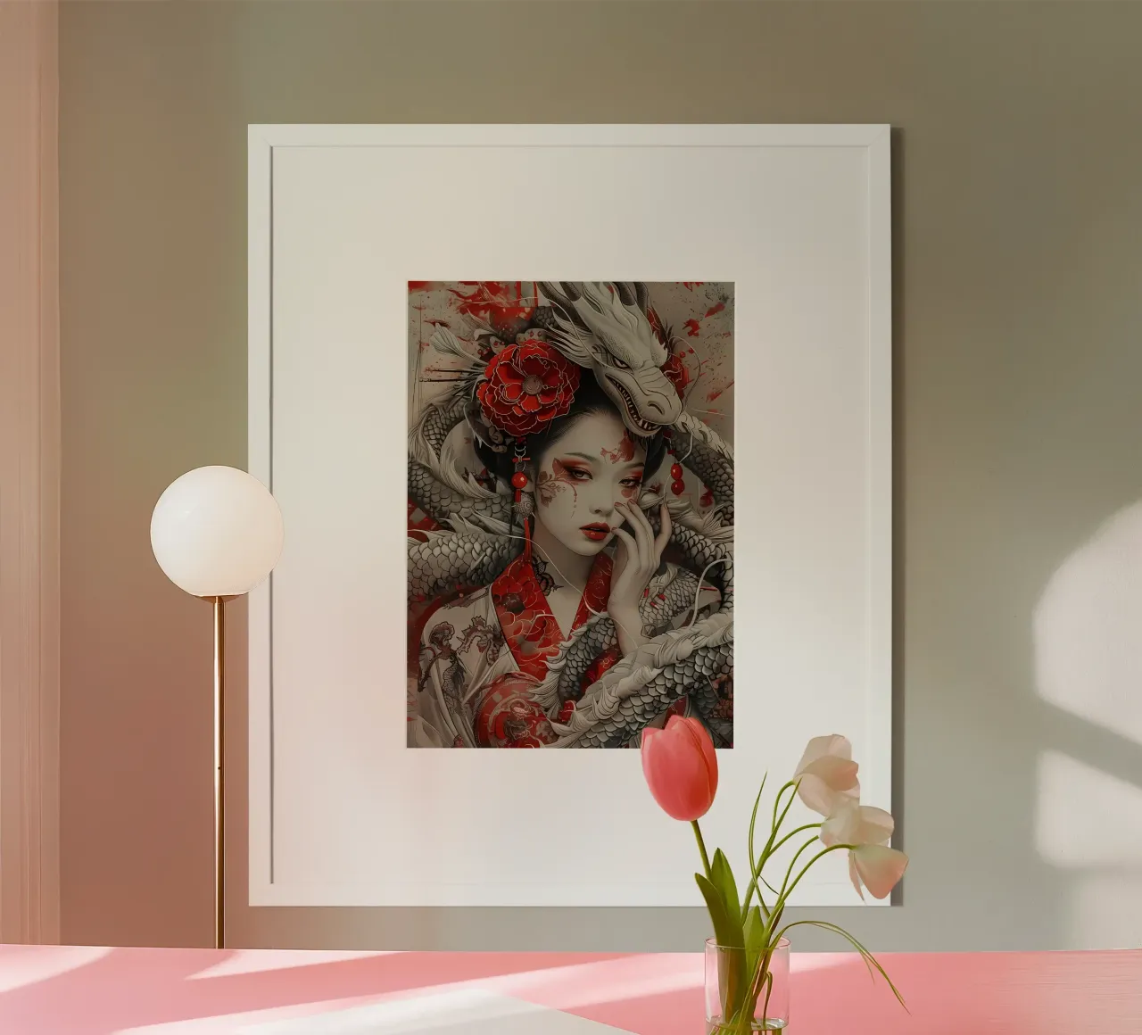 Geisha Samurai giapponese poster con telaio in plastica da Ginnery