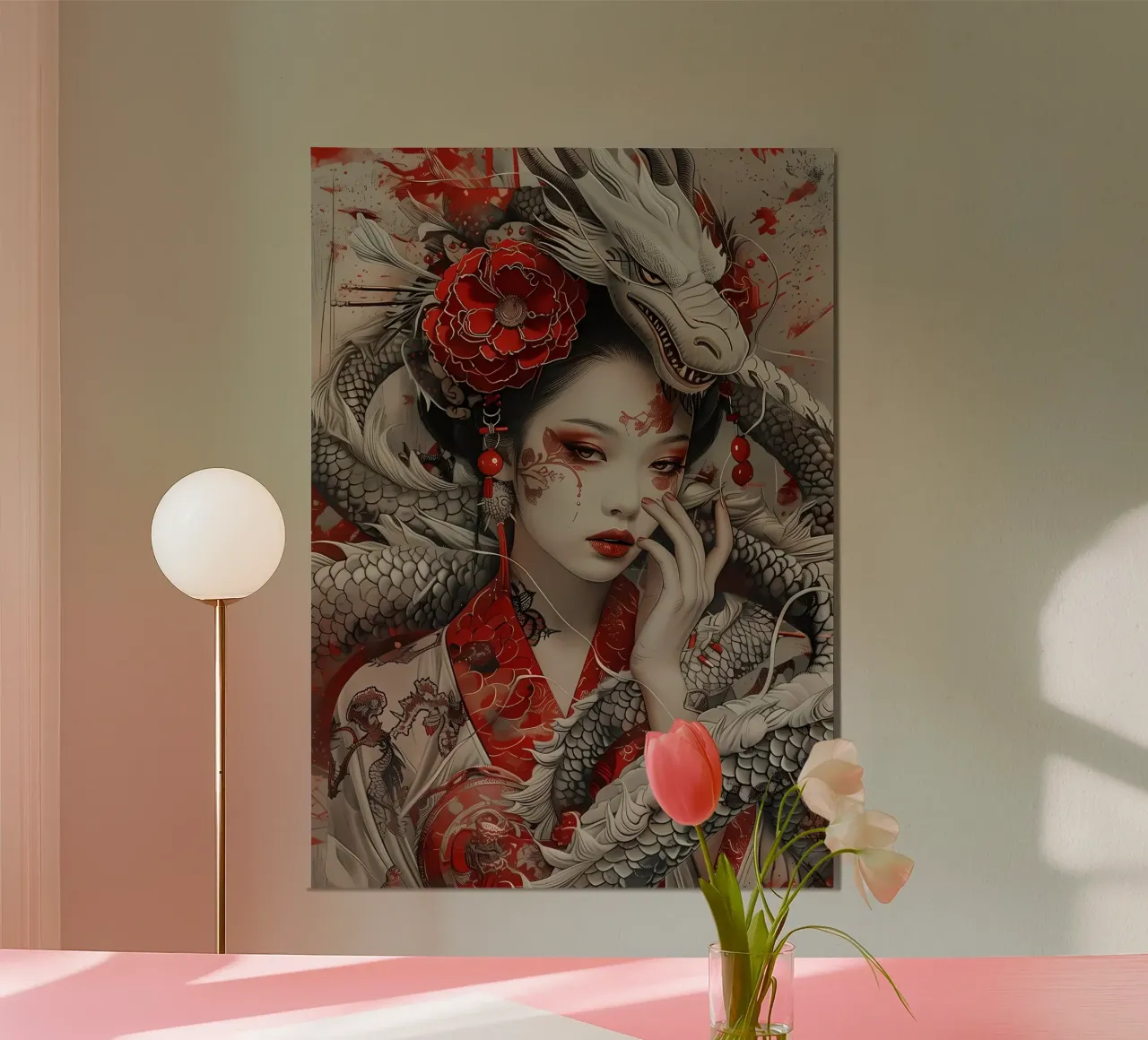 Geisha Samurai giapponese poster con telaio in plastica da Ginnery
