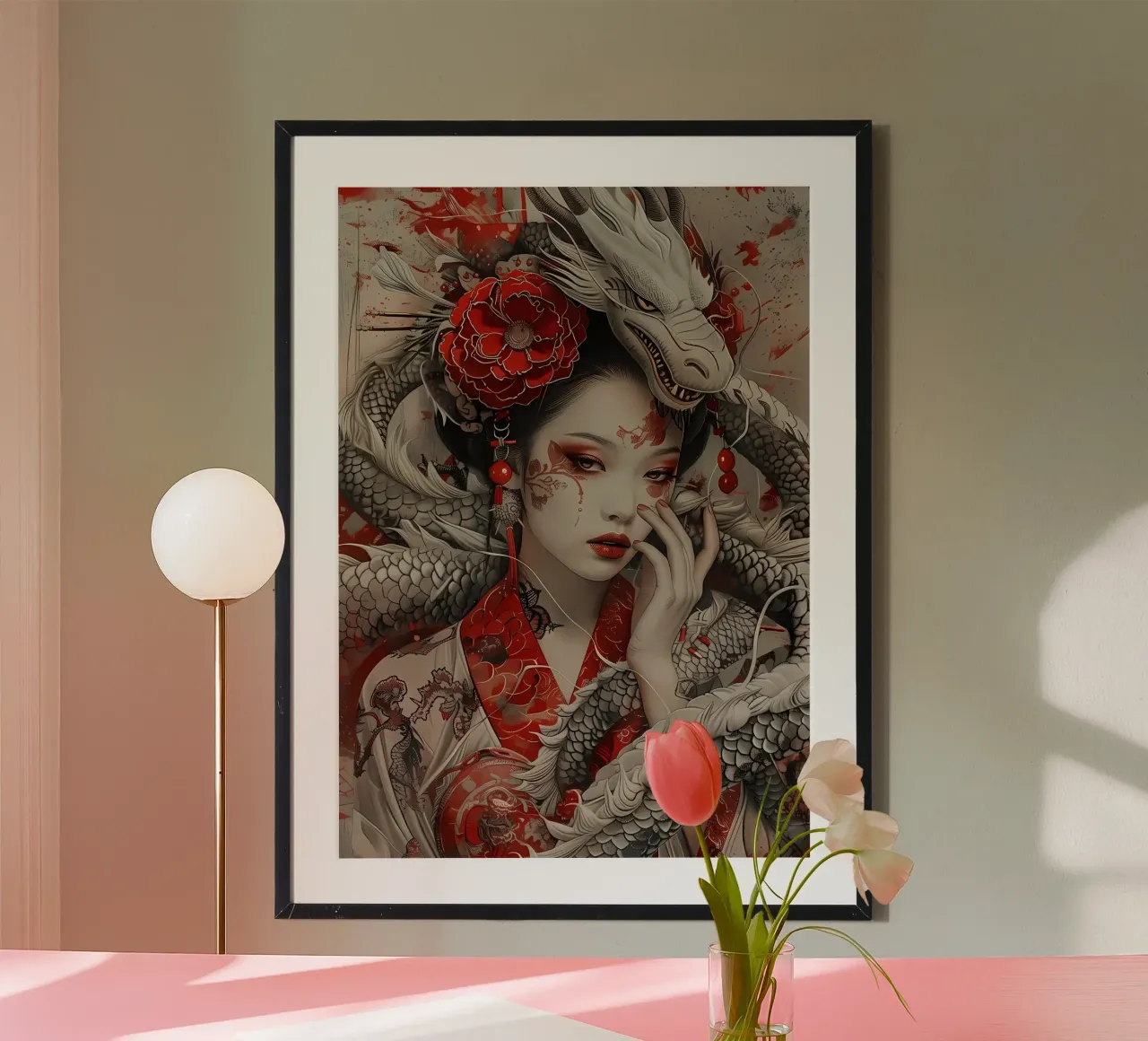 Geisha Samurai giapponese poster con telaio in plastica da Ginnery