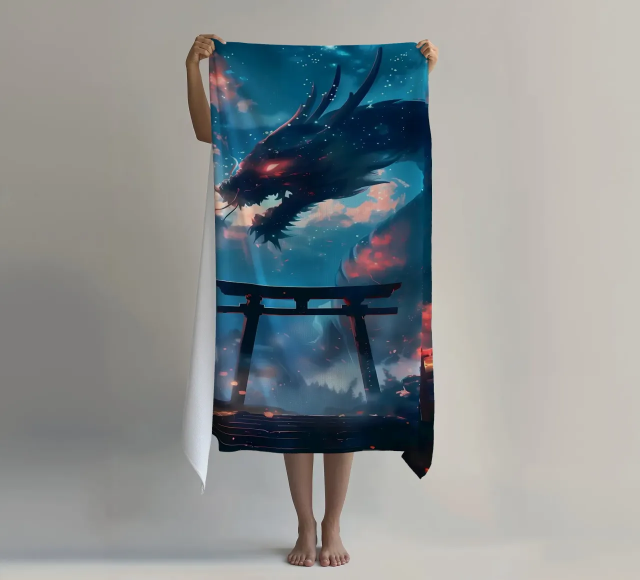 Mythic Torii Gate Dragon beach towel by Ginnery