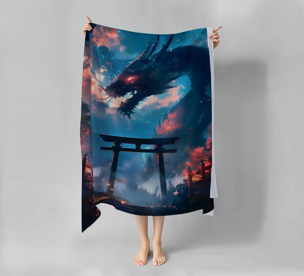 Mythic Torii Gate Dragon beach towel by Ginnery