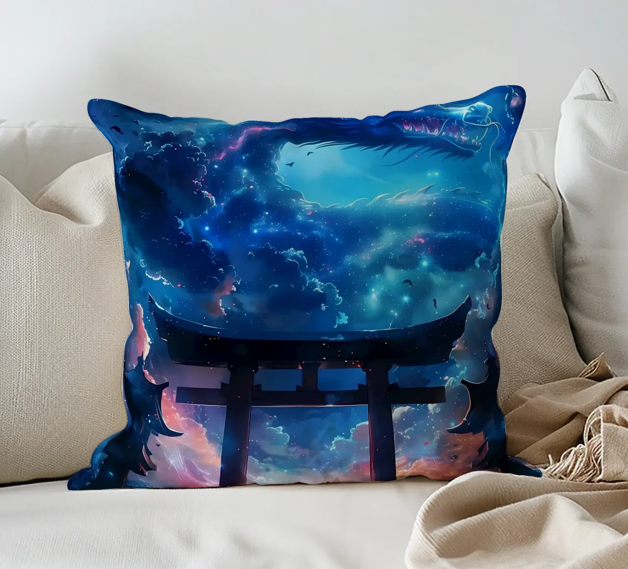 Mythic Torii Gate Dragon decorative cushion by Ginnery