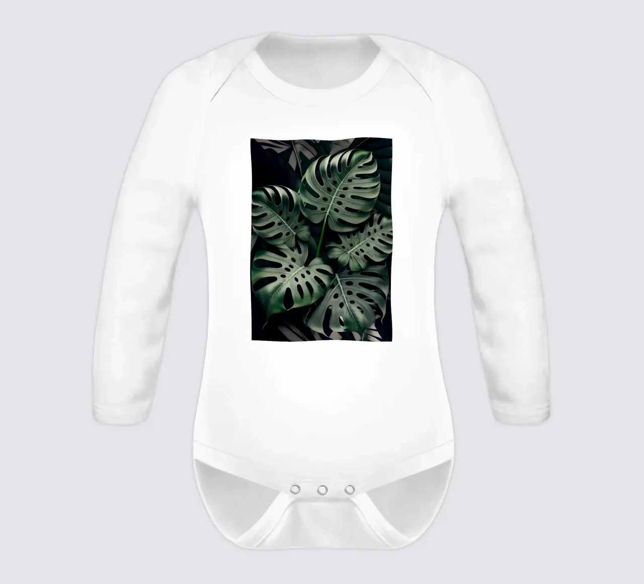 Monstera in Olive long-sleeve baby romper by Mikesell