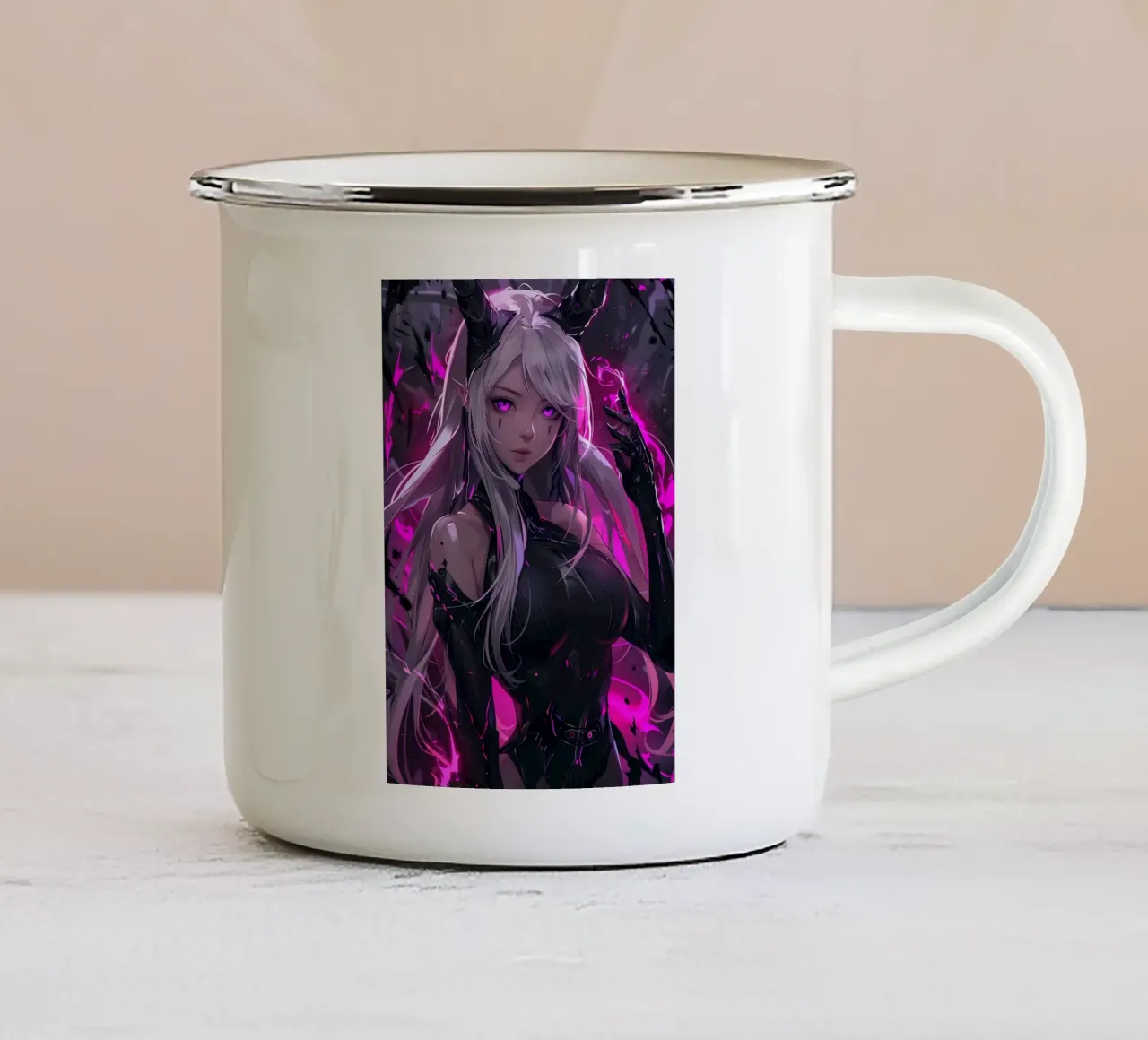 Pink Neon Anime Girl enamel mug by Ginnery