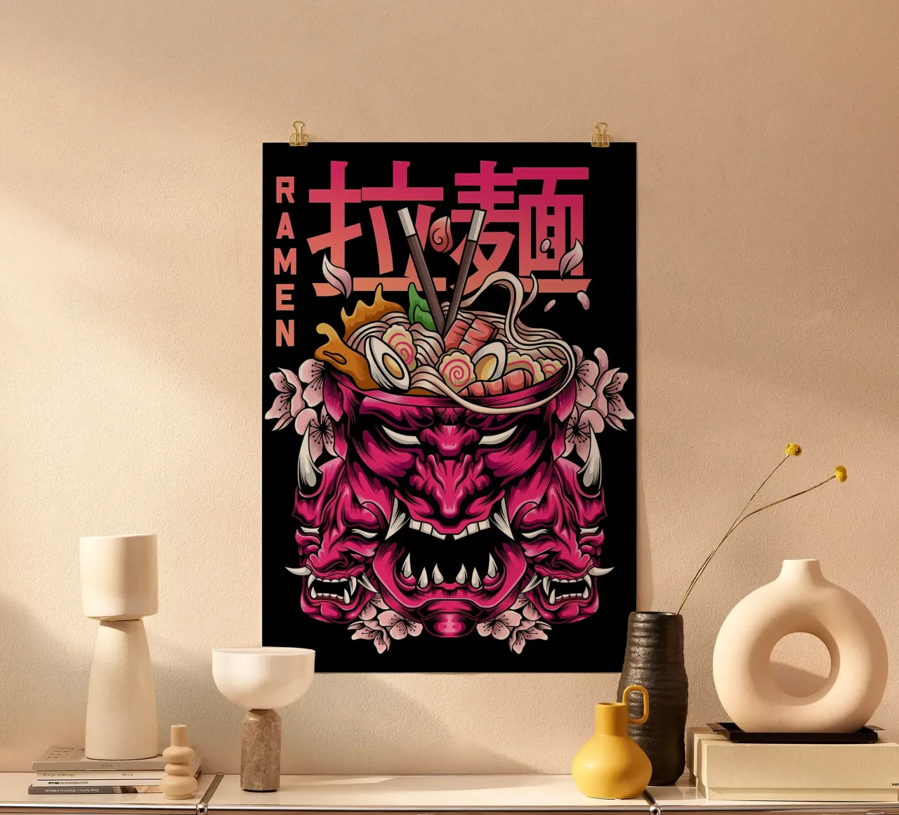 Ramen Samurai poster con telaio in legno da Mikesell