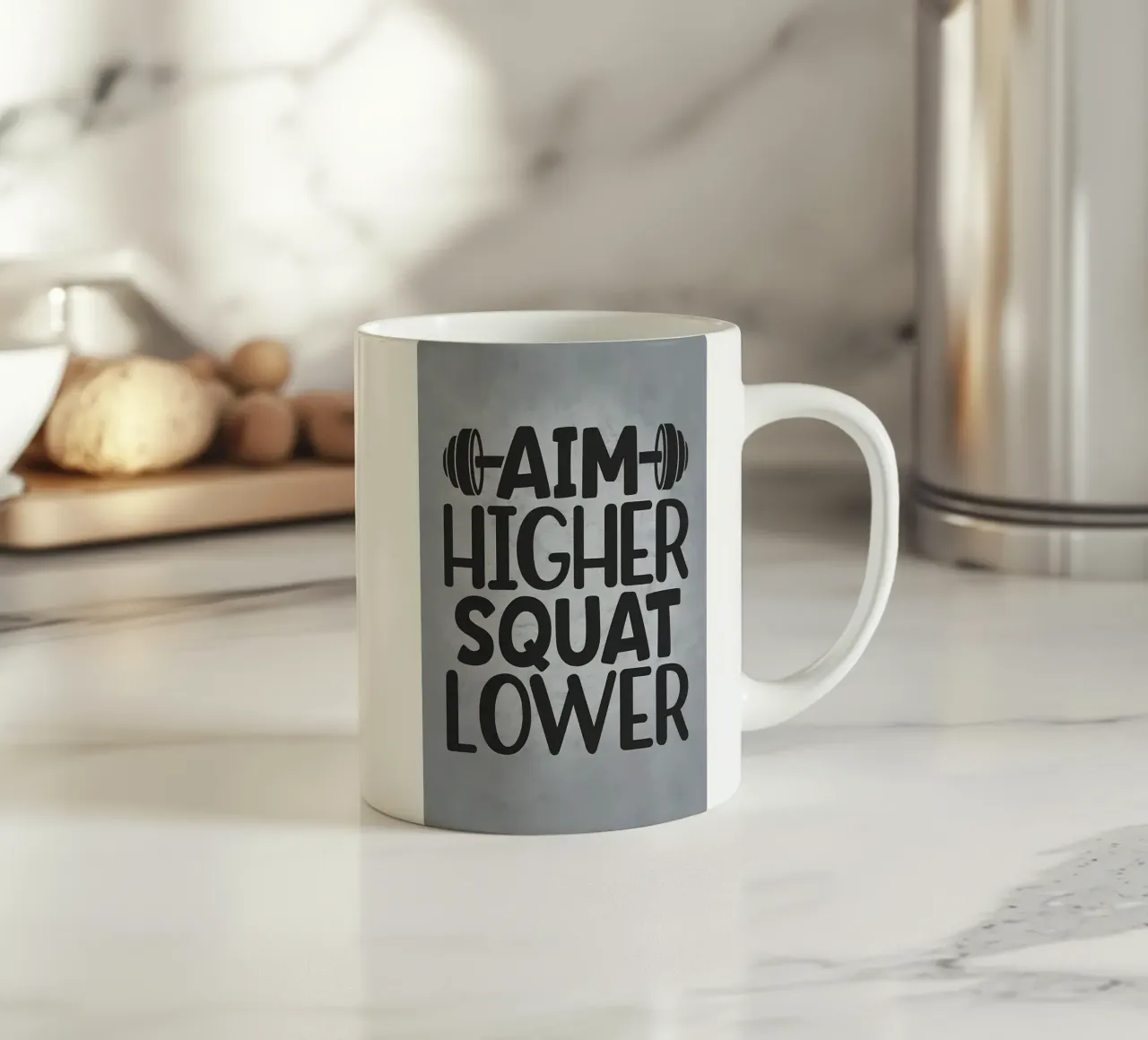 Aim Higher Squat Lower taza de cerámica de Farryn