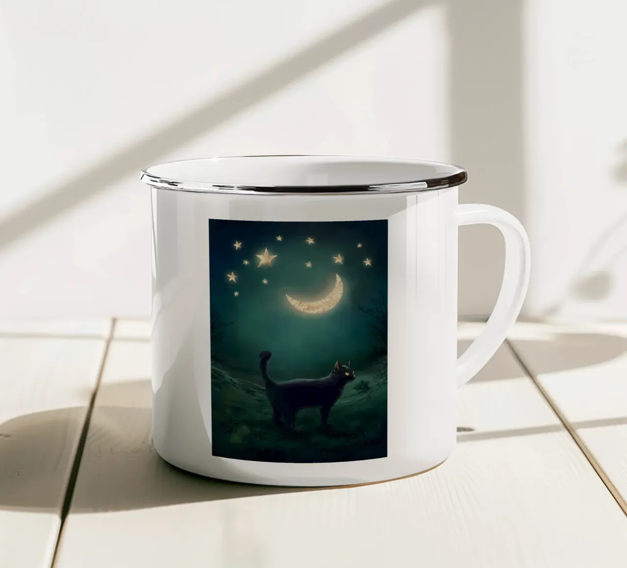 Gatto Luna e Stelle tazza in smalto da Mikesell
