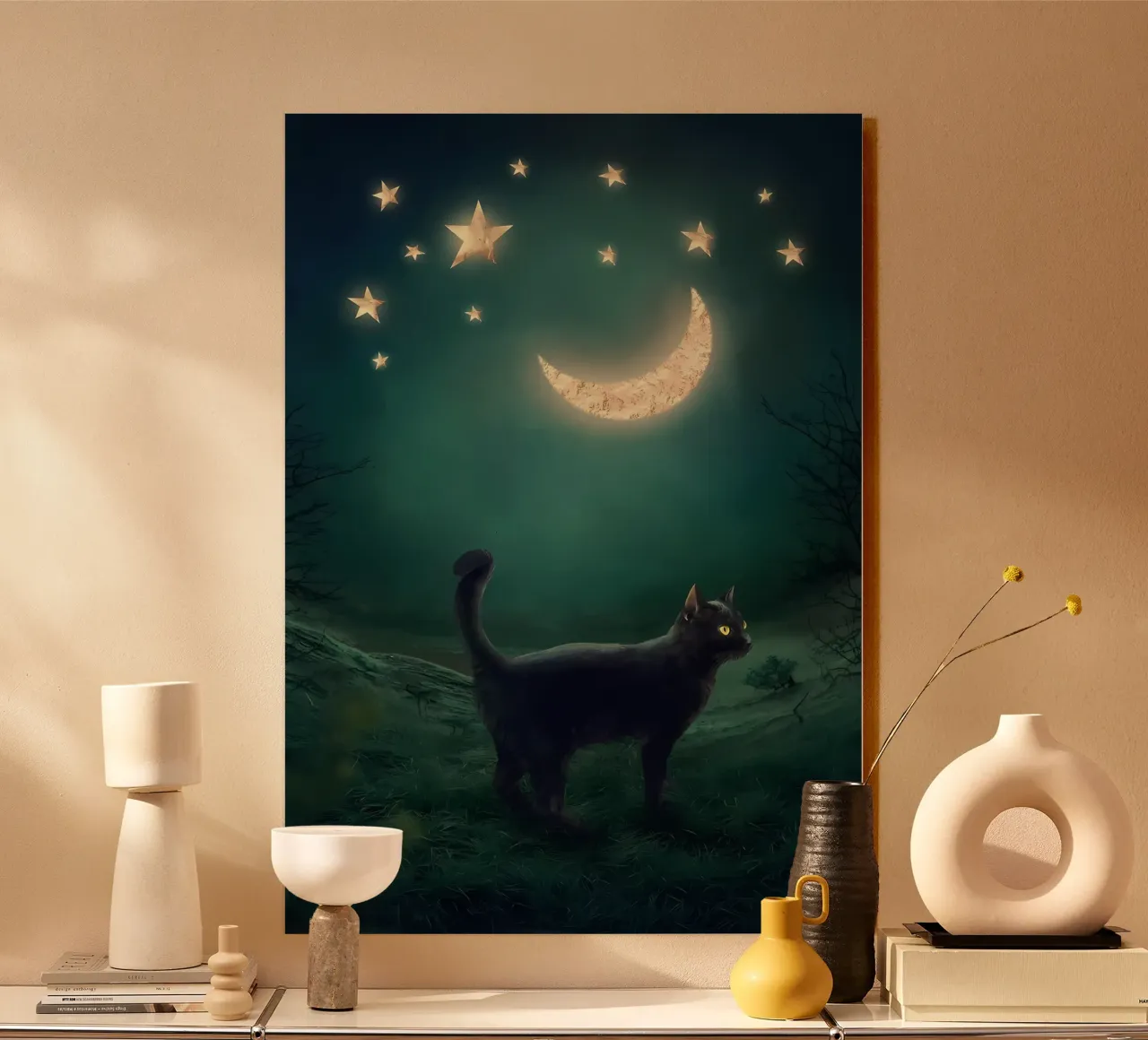 Cat Moon and Stars acrylic glass by Mikesell