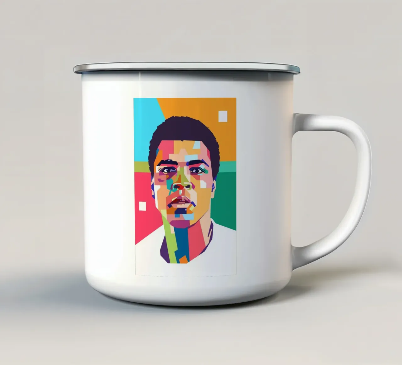 Ritratto pop art di Muhammad Ali tazza in smalto da Hantamrata