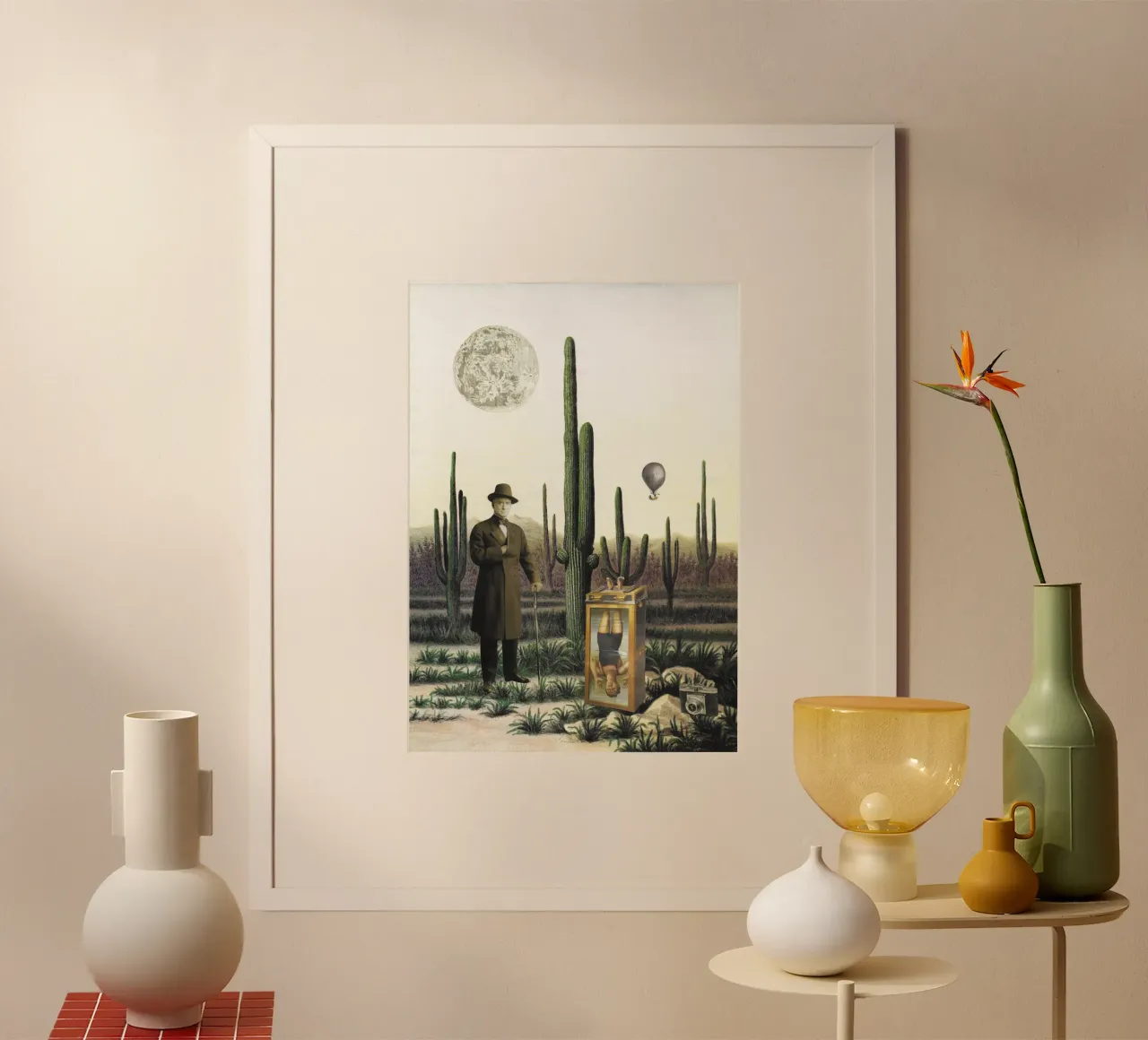 Collage - Illusione surreale del deserto poster con telaio in alluminio da Nadine Ginzel