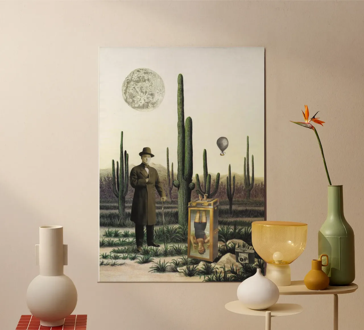 Collage - Illusione surreale del deserto poster con telaio in alluminio da Nadine Ginzel