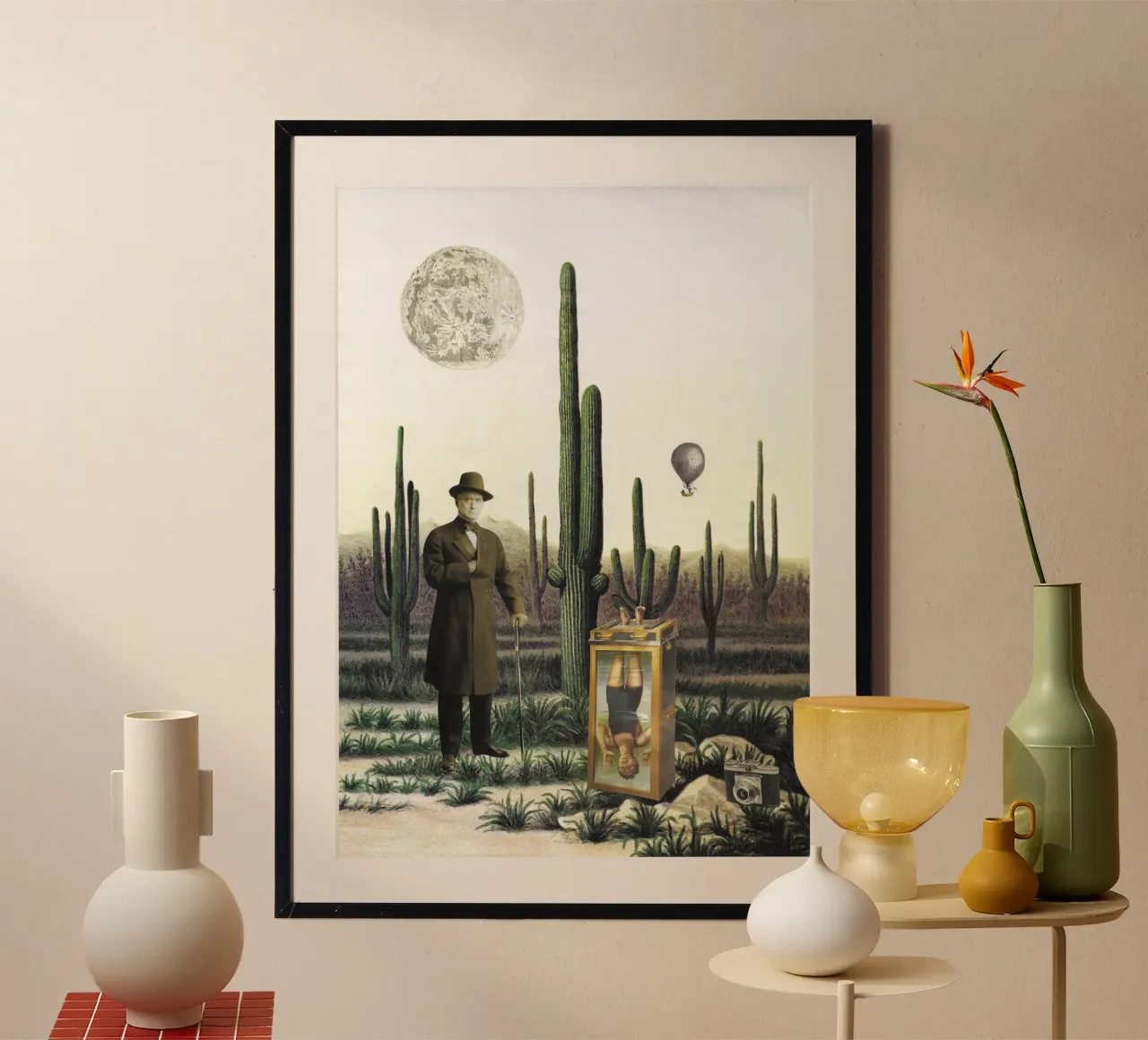 Collage - Illusione surreale del deserto poster con telaio in alluminio da Nadine Ginzel