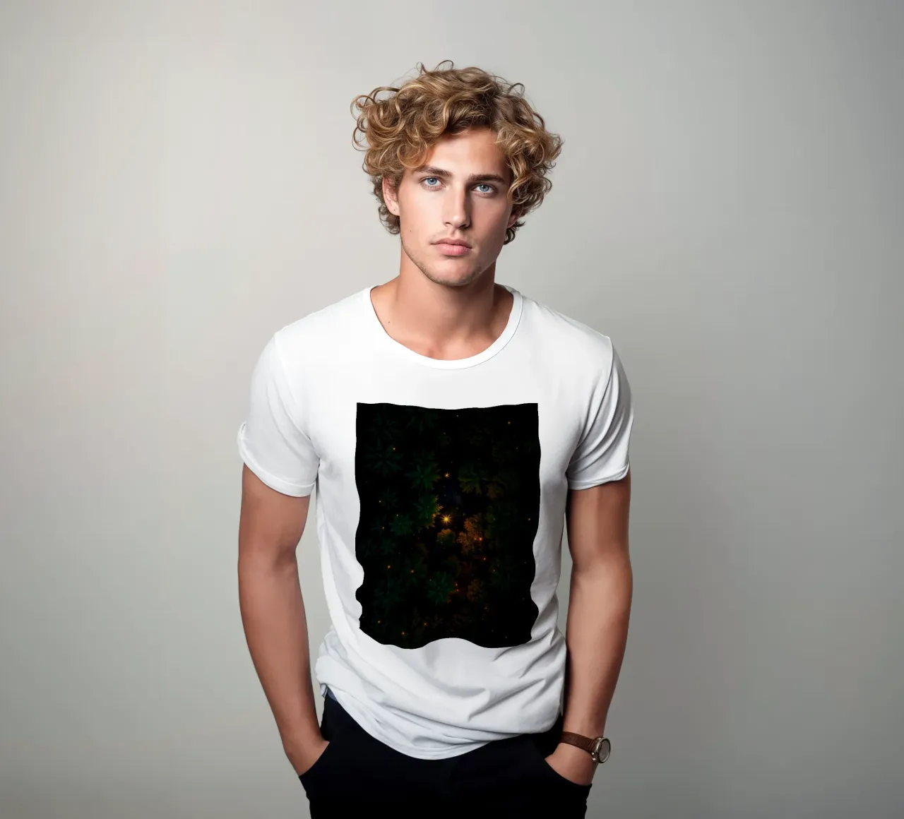Captivating forest landscape illuminated by glowing lights t-shirt by DesignDoodle