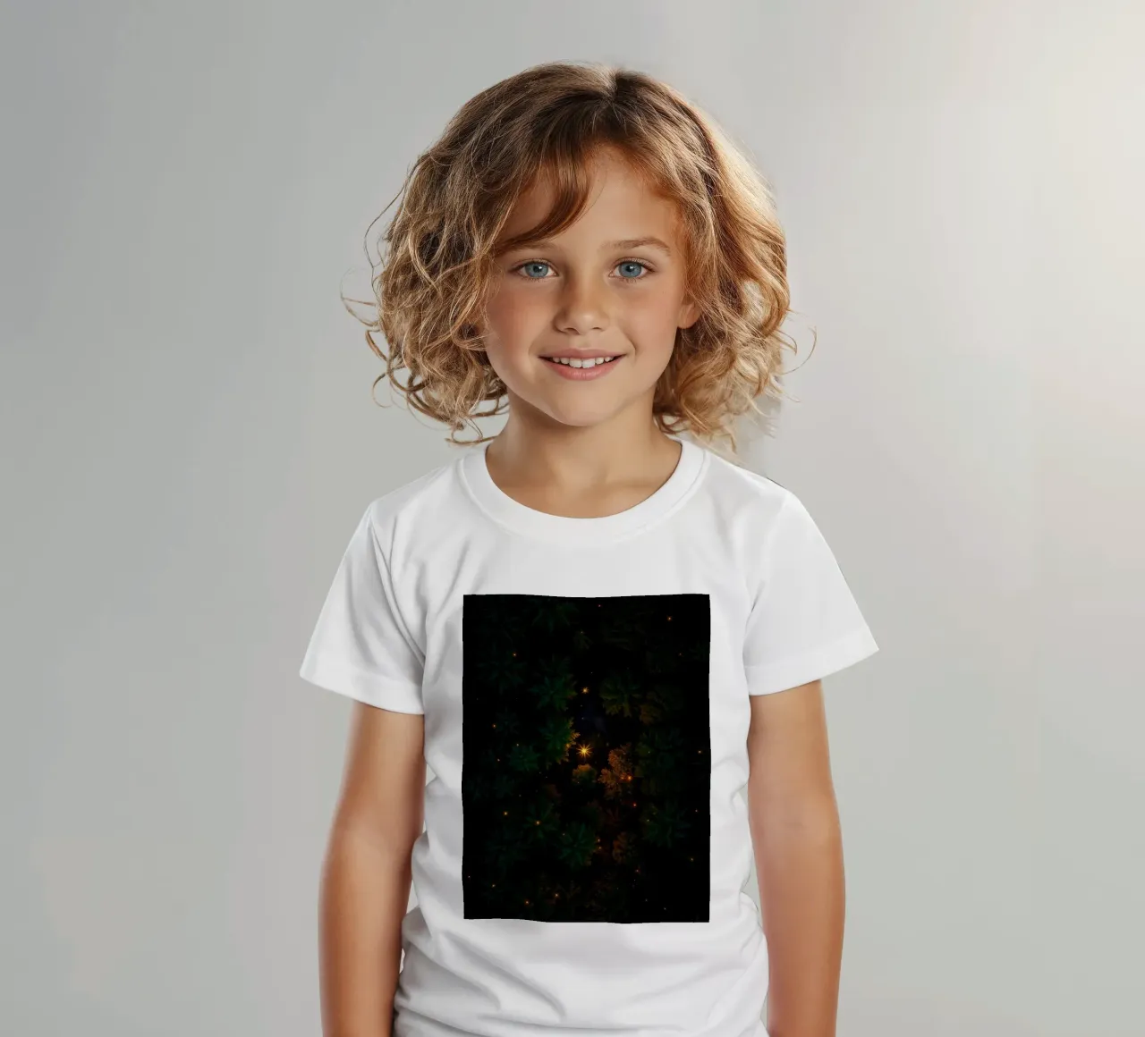 Captivating forest landscape illuminated by glowing lights kids t-shirt by DesignDoodle