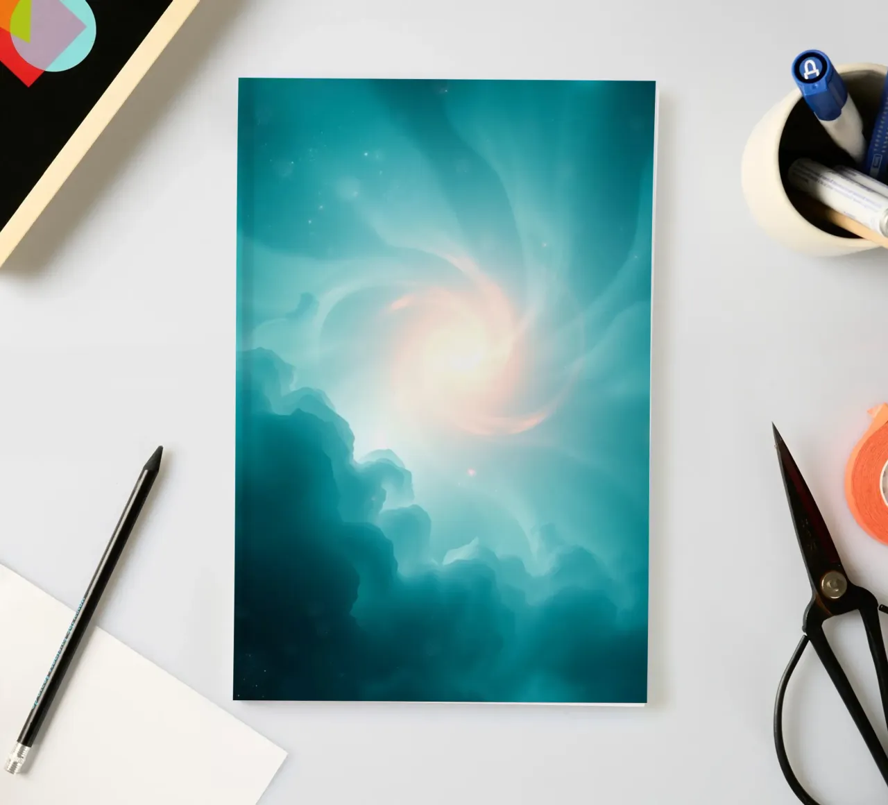 Swirling abstract design with soft colors creates a mystical notebook by DesignDoodle