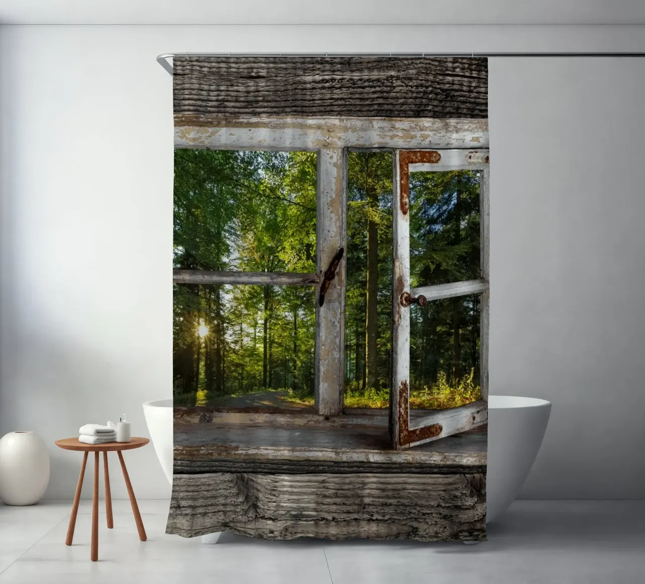 Fensterblick in den Wald shower curtain by Juergen Wiesler