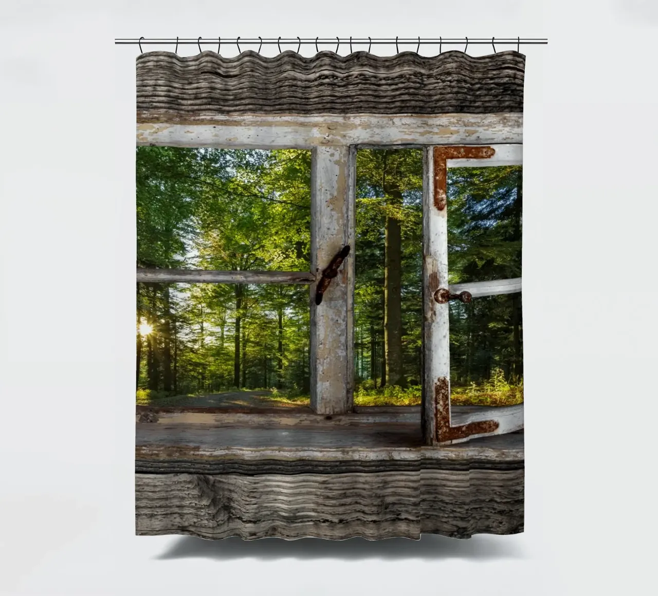 Fensterblick in den Wald shower curtain by Juergen Wiesler