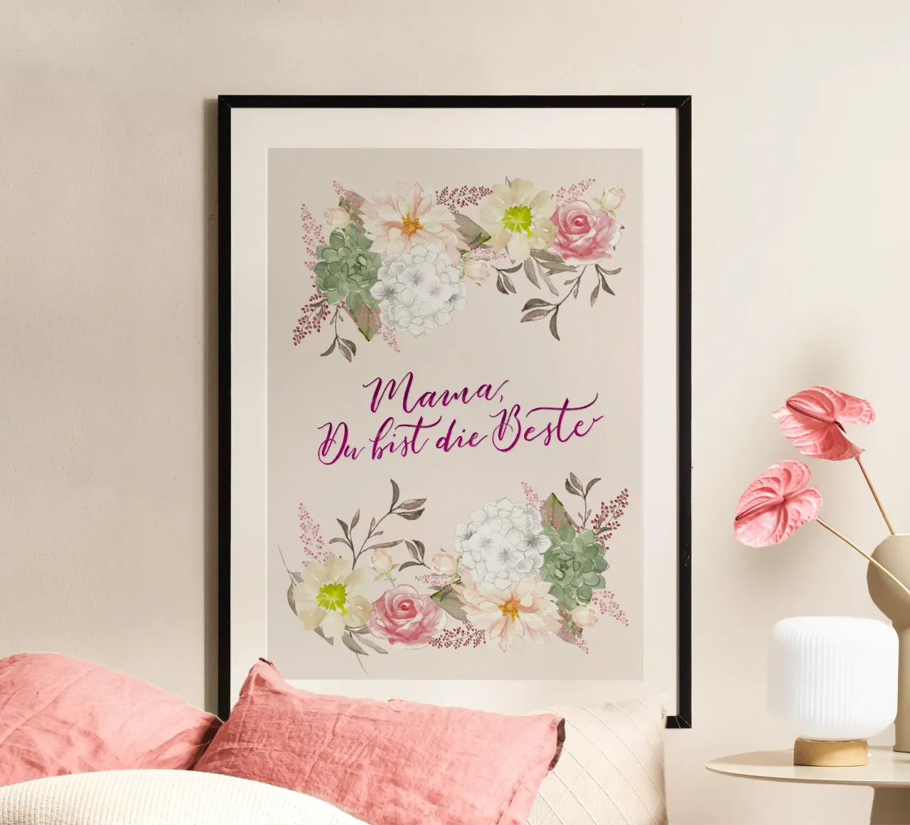 Mamma, sei la migliore. Fiori. Acquerello. Arte botanica. poster con telaio in legno da CalliLetters