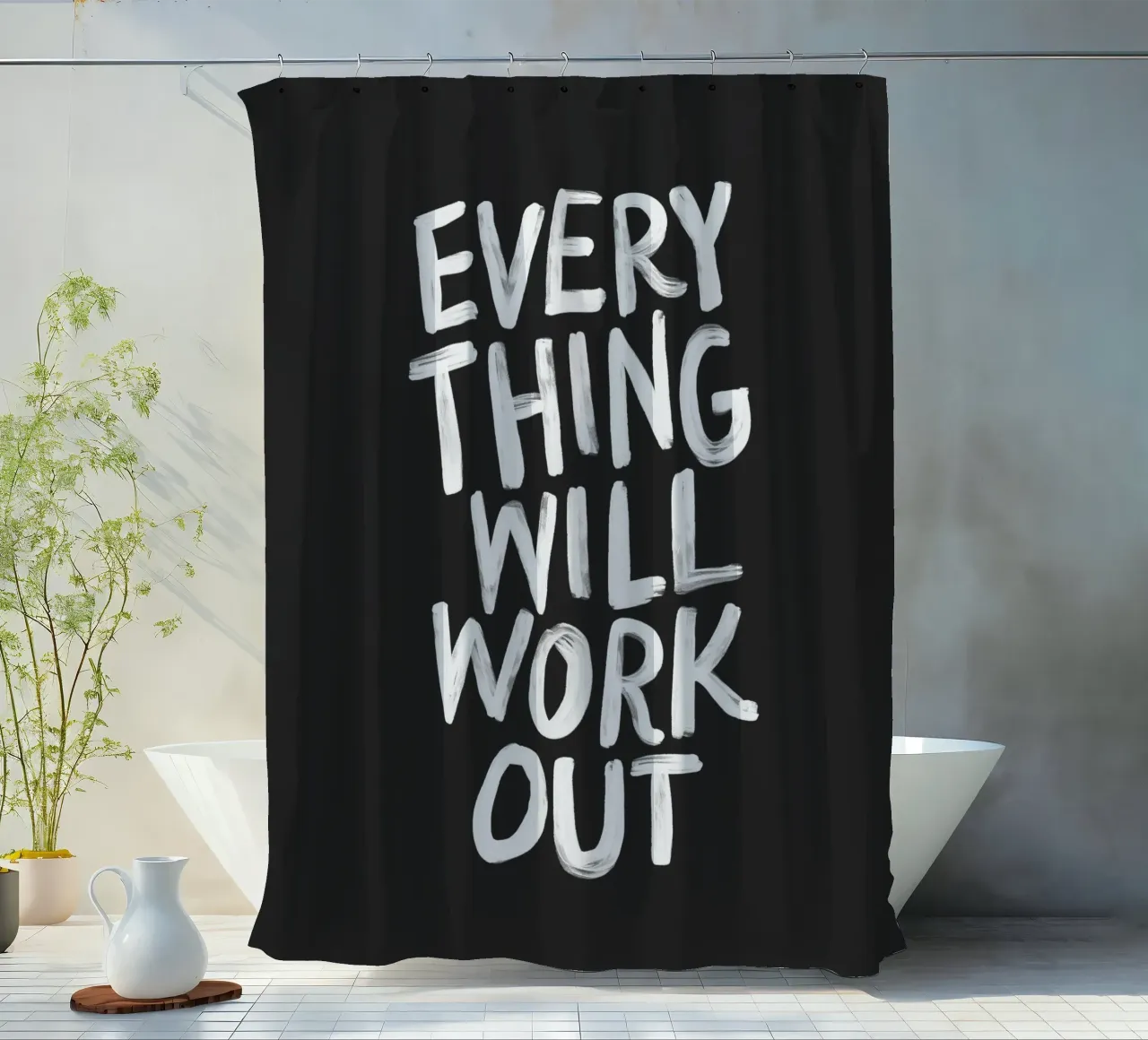 Tutto si risolverà in una positiva tipografia minimalista tenda da doccia da THE MOTIVATED TYPE