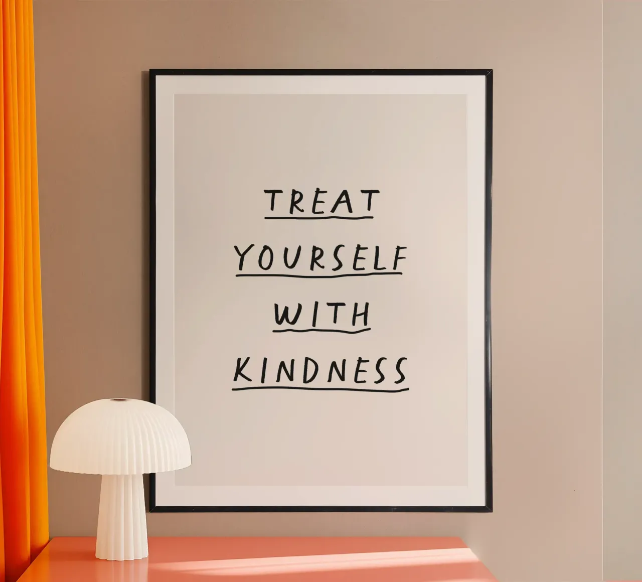 Tratta te stesso con gentilezza Scrittura a mano Tipografia positiva poster con telaio in alluminio da THE MOTIVATED TYPE