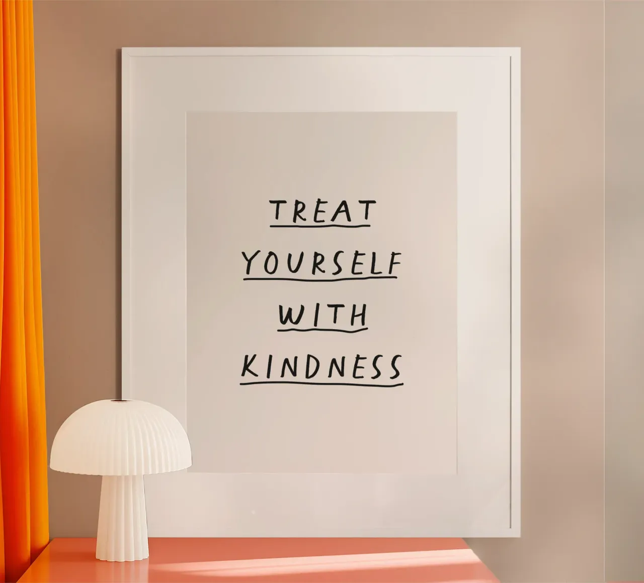 Tratta te stesso con gentilezza Scrittura a mano Tipografia positiva poster con telaio in alluminio da THE MOTIVATED TYPE