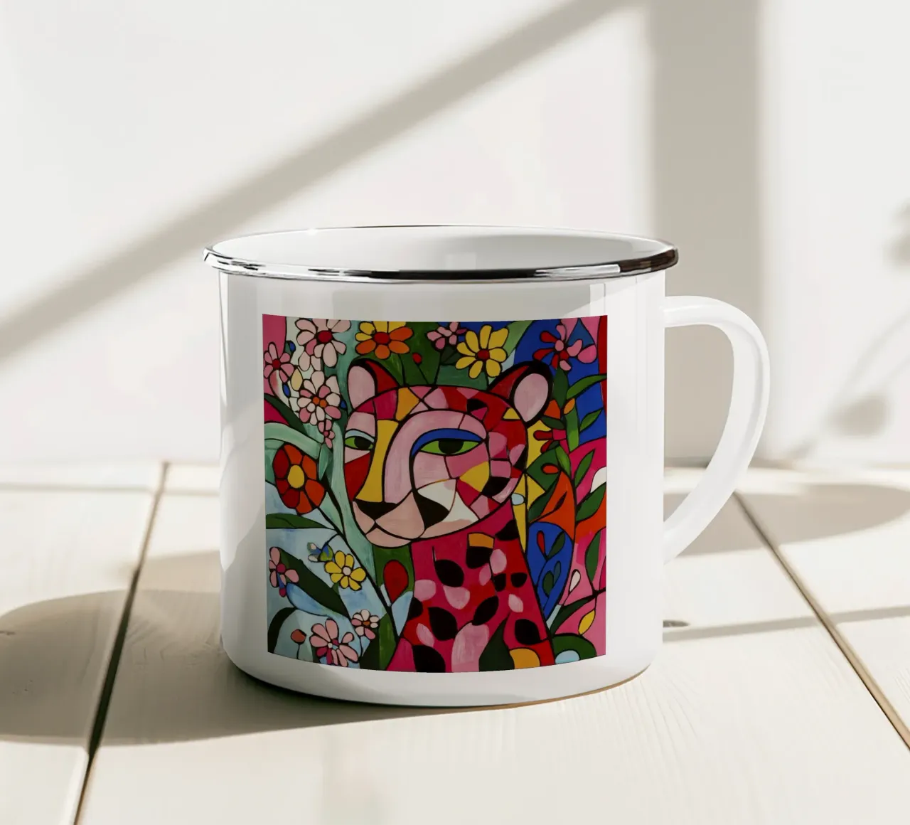 Tigre cubista in un giardino floreale tazza in smalto da Modern Muse