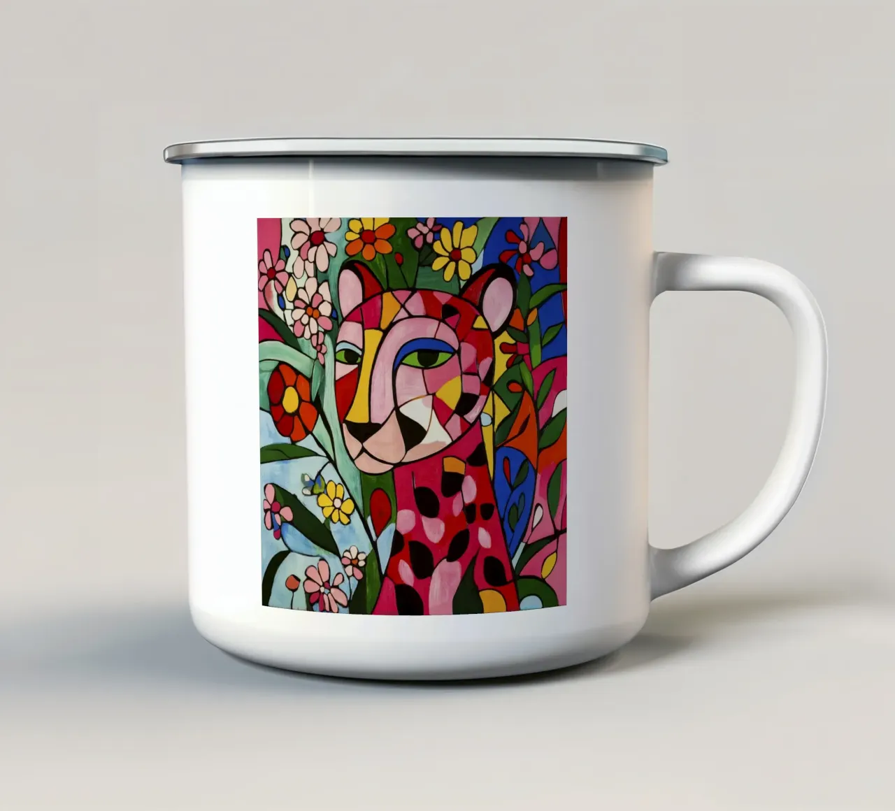 Tigre cubista in un giardino floreale tazza in smalto da Modern Muse