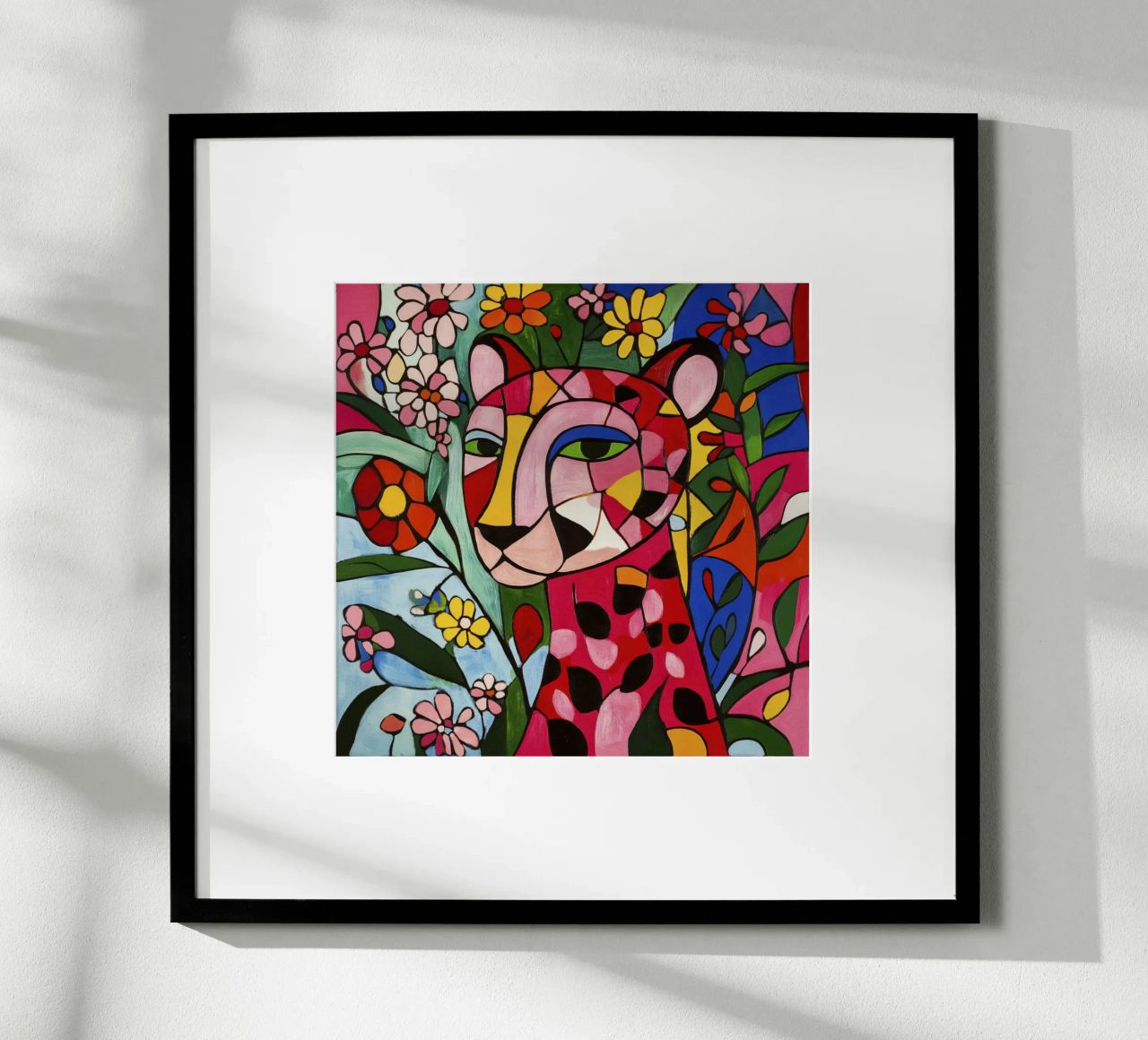 Kubistischer Tiger in einem Blumengarten Poster von Modern Muse