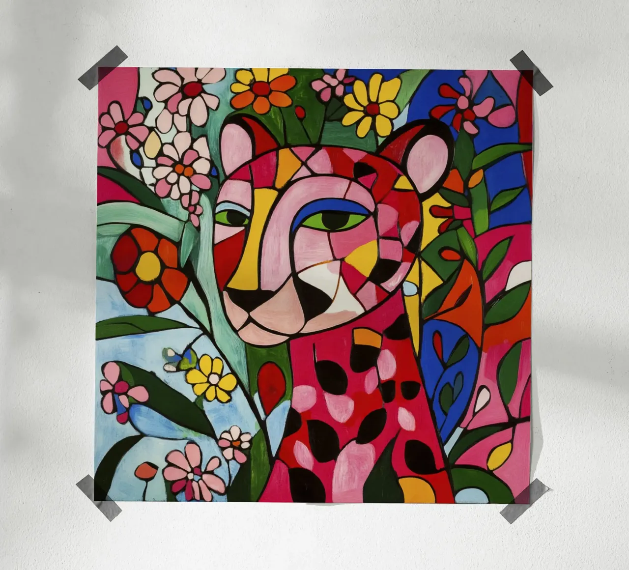 Tigre cubista in un giardino floreale poster con telaio in plastica da Modern Muse