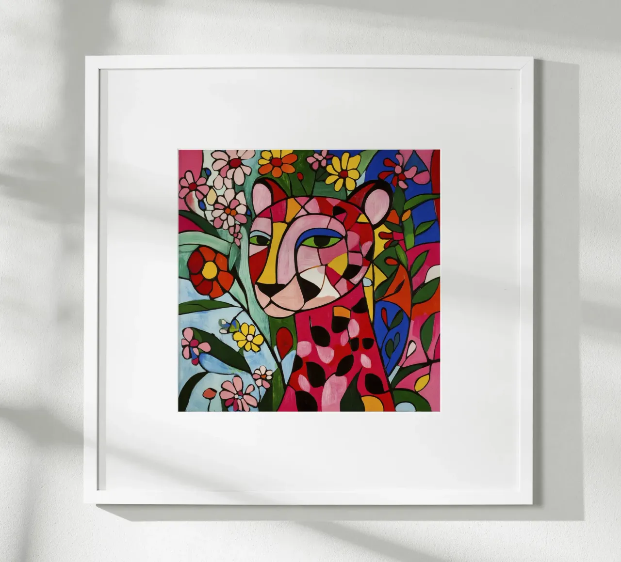 Tigre cubista in un giardino floreale poster con telaio in plastica da Modern Muse
