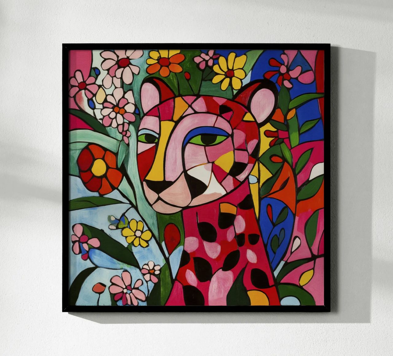 Kubistischer Tiger in einem Blumengarten Poster von Modern Muse