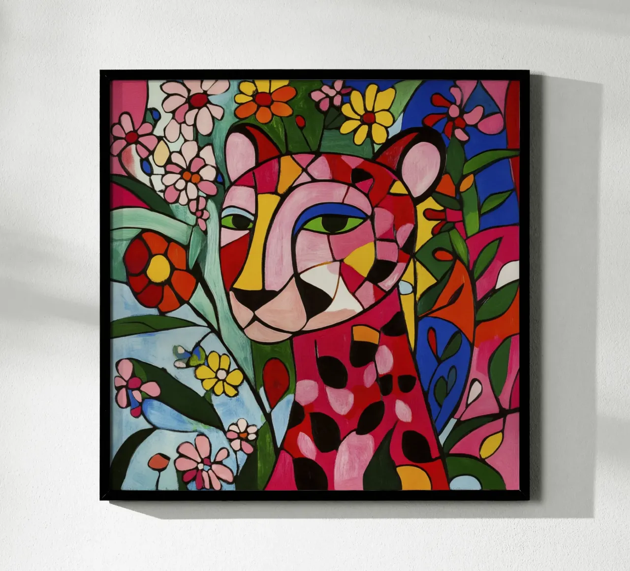 Tigre cubista in un giardino floreale poster con telaio in plastica da Modern Muse