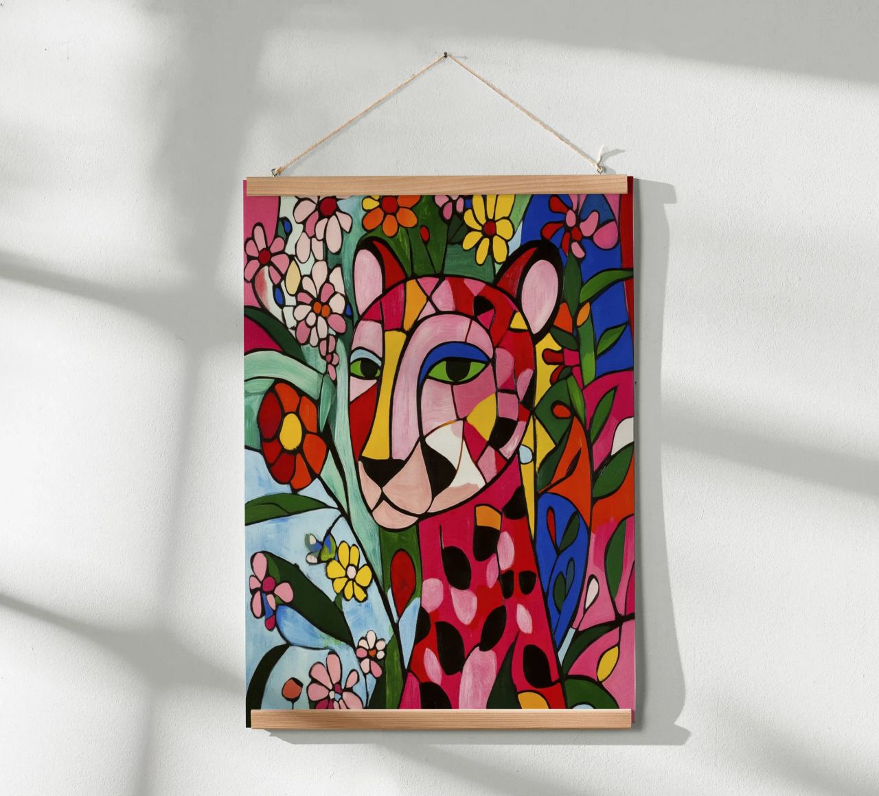 Kubistischer Tiger in einem Blumengarten Poster von Modern Muse